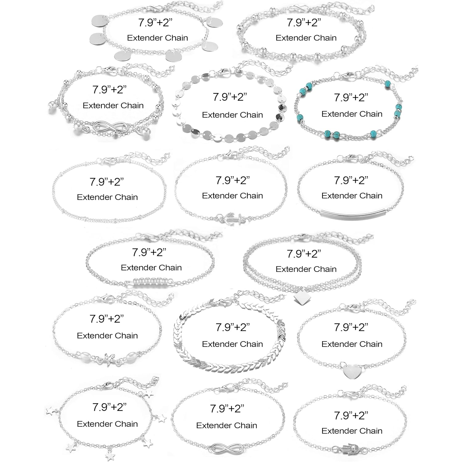Softones 16Pcs Ankle Bracelets for Women Gold Silver Two Style Chain Beach Anklet Bracelet Jewelry Anklet Set,Adjustable Size