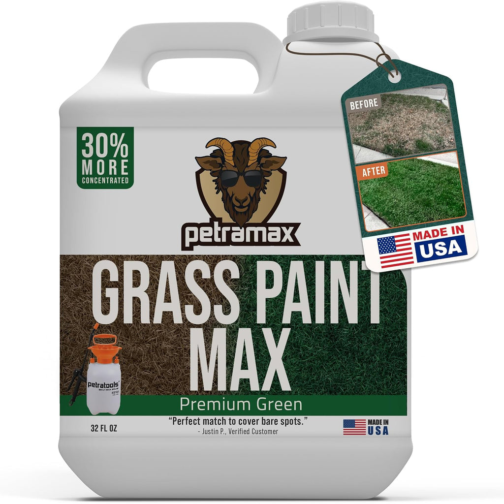 Petramax Green Grass Paint For Lawn Dye - Maintain Turf Or Green Grass, Spray Paint For Lawn & Shrubs Easy Spray, Pairs W/Petra Sprayer - Touch Up Dog Spots - Pet Safe (Premium, 32 Oz)