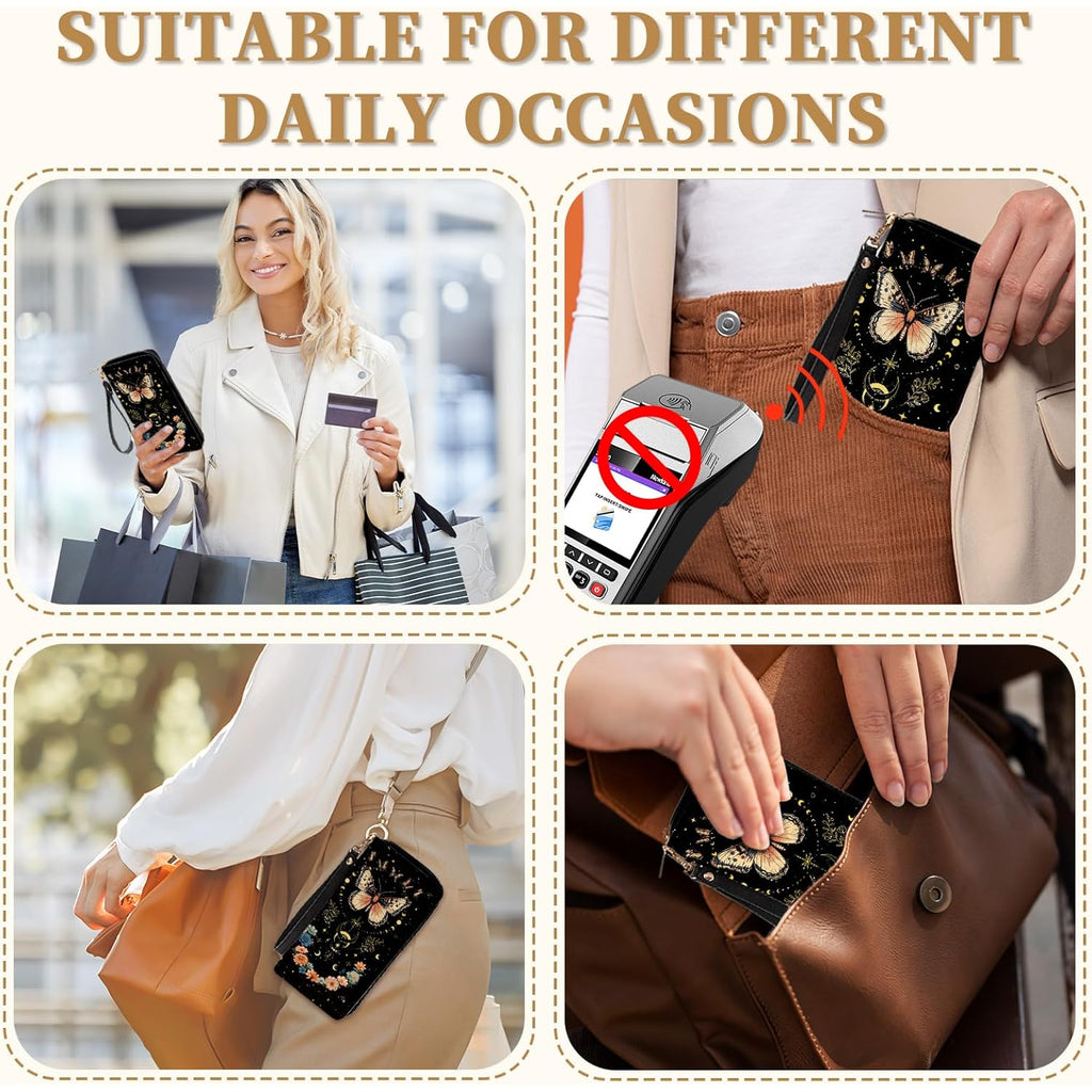 Butterfly Flowers Womens Wallet, RFID Blocking Wallets for Women, ButterflyFloral Ladies Purse with Zip Around Credit Card Holder and 10 Card Slots & ID Window, Large Capacity Clutch Christmas Gift