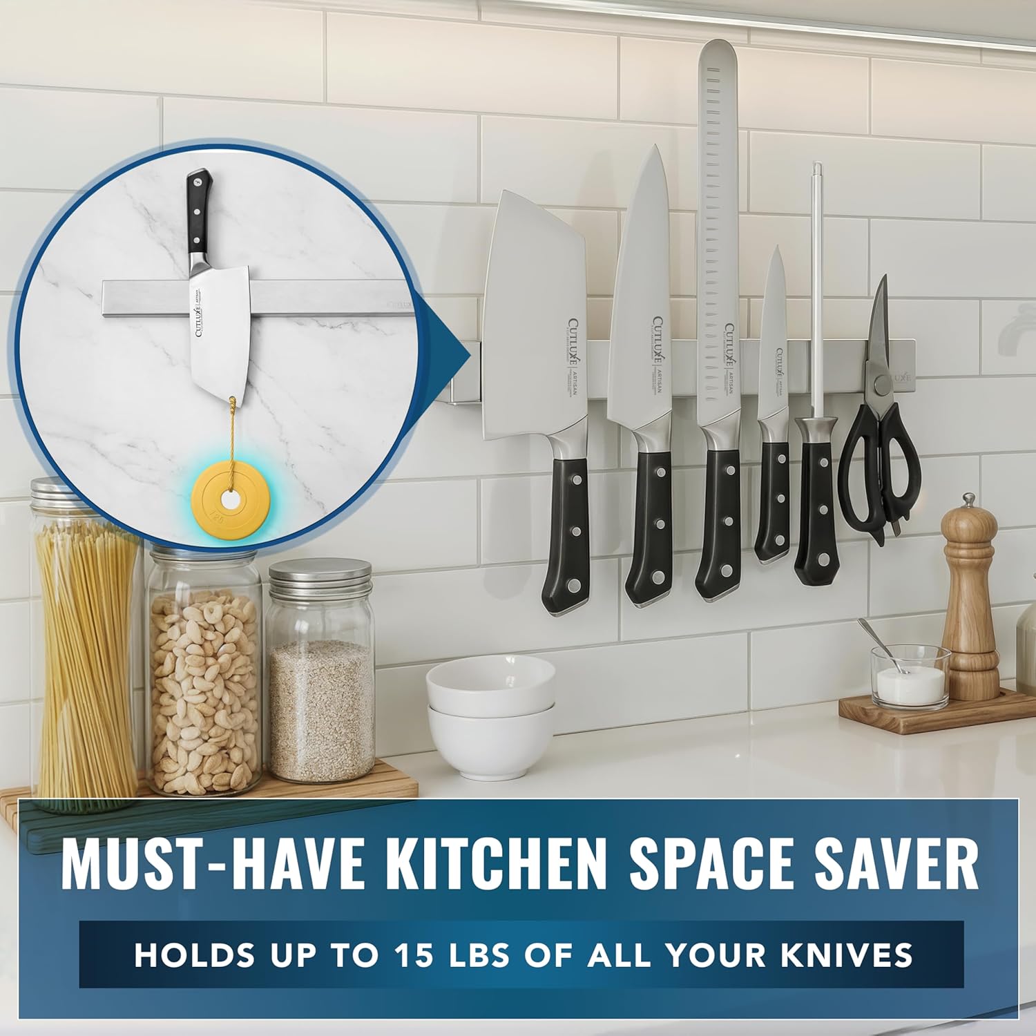 Cutluxe Magnetic Knife Holder for Wall and Fridge - 16" Stainless Steel Knife Magnetic Strip - Holds up to 15 Lbs, Easy to Mount, With Strong Magnets or Screws