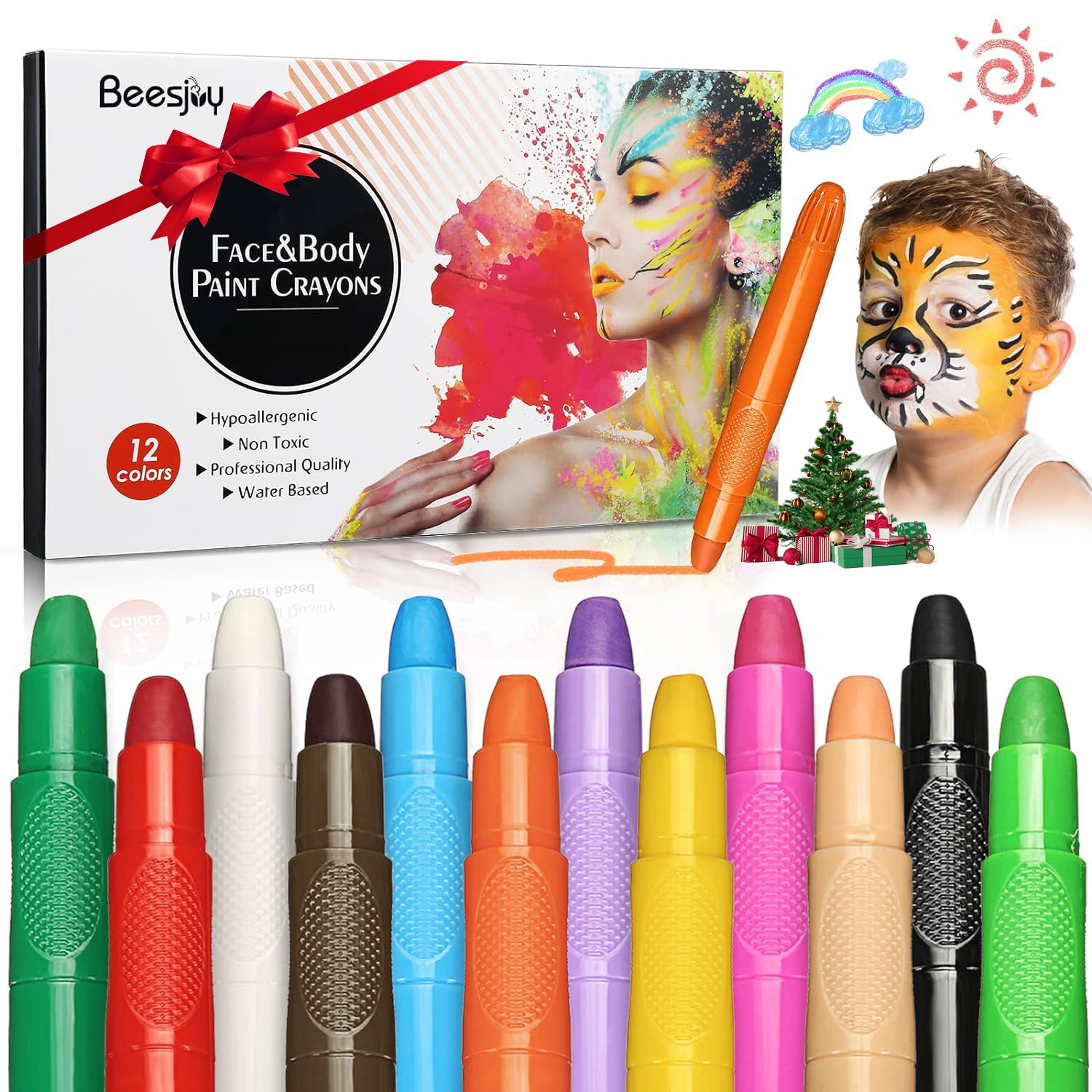 Beesjuy Face Painting Kits for Kids,12 Color Water Based Face Paint Kit, Washable Kids Body Paint for Makeup, for Birthday, Halloween, Thanksgiving Day, Cosplay Makeup, Gifts for Children