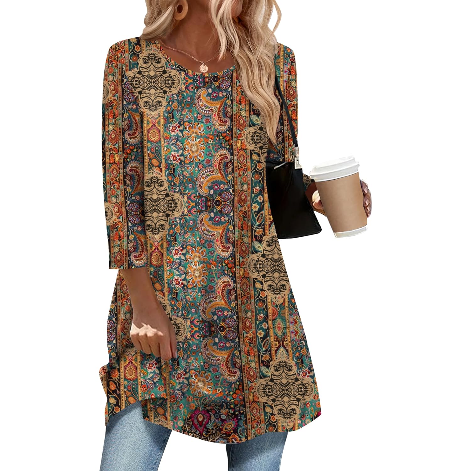 Women Tops 3/4 Sleeve Dressy Casual Plus Size Tunics to Wear with Leggings Swing Flare T-Shirt Loose Blouses