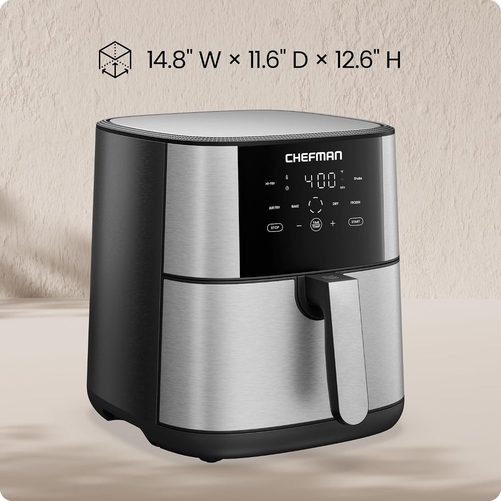 Chefman Air Fryer 8 Qt | Turbofry® 4-In-1 With 450°F Hi-Fry Option For Crispier Results | Bake, Dehydrate, Frozen | Xl Nonstick Dishwasher-Safe Basket | Stainless Steel