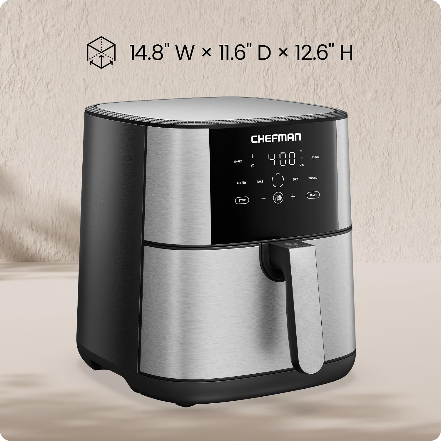 Chefman Air Fryer 8 Qt | Turbofry® 4-In-1 With 450°F Hi-Fry Option For Crispier Results | Bake, Dehydrate, Frozen | Xl Nonstick Dishwasher-Safe Basket | Stainless Steel