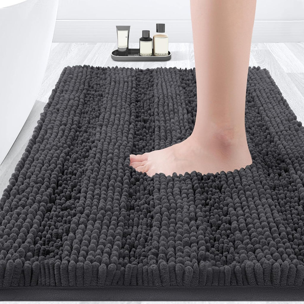 Striped Grey Bathroom Rug Mat 32"X20" Ultra Soft, Non Slip Chenille Bath Rugs, Absorbent Plush Shaggy Bath Mats For Bathroom, Bedroom, Kitchen, Shower, Tub,Deep Grey
