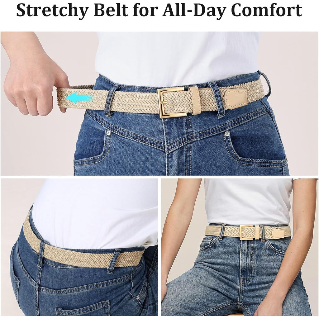JASGOOD Women Braided Woven Elastic Belt Golf Casual Stretch Belt with Gold Buckle for Ladies Jeans Pants