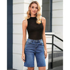 Bermuda Shorts for Women High Waisted Classic Casual Long Jean Shorts Stretchy Denim Jorts with Pockets