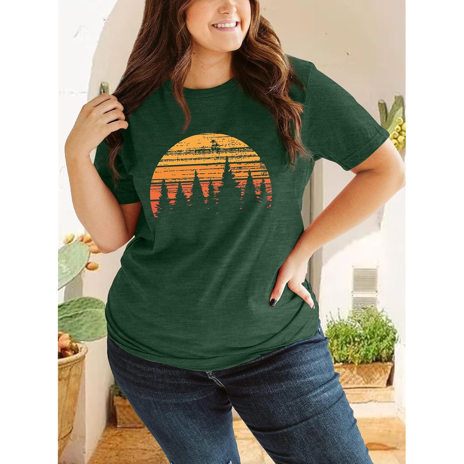 Plus Size Tops for Women Cute Vintage Graphic Tee Sunrise Camping Funny Print Casual Nature Travel Shirt Green4