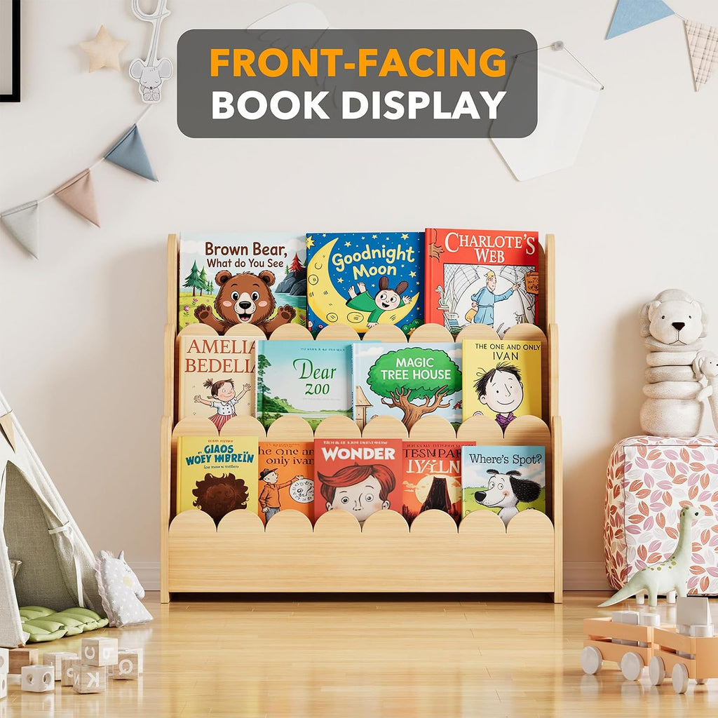 Spaceaid 3-Tier Scalloped Bookshelf, Montessori Bookcase For Toddlers, Wooden Book Shelf Organizer Display Furniture For Kids Rooms, Playroom, Nursery And Classroom, Natural