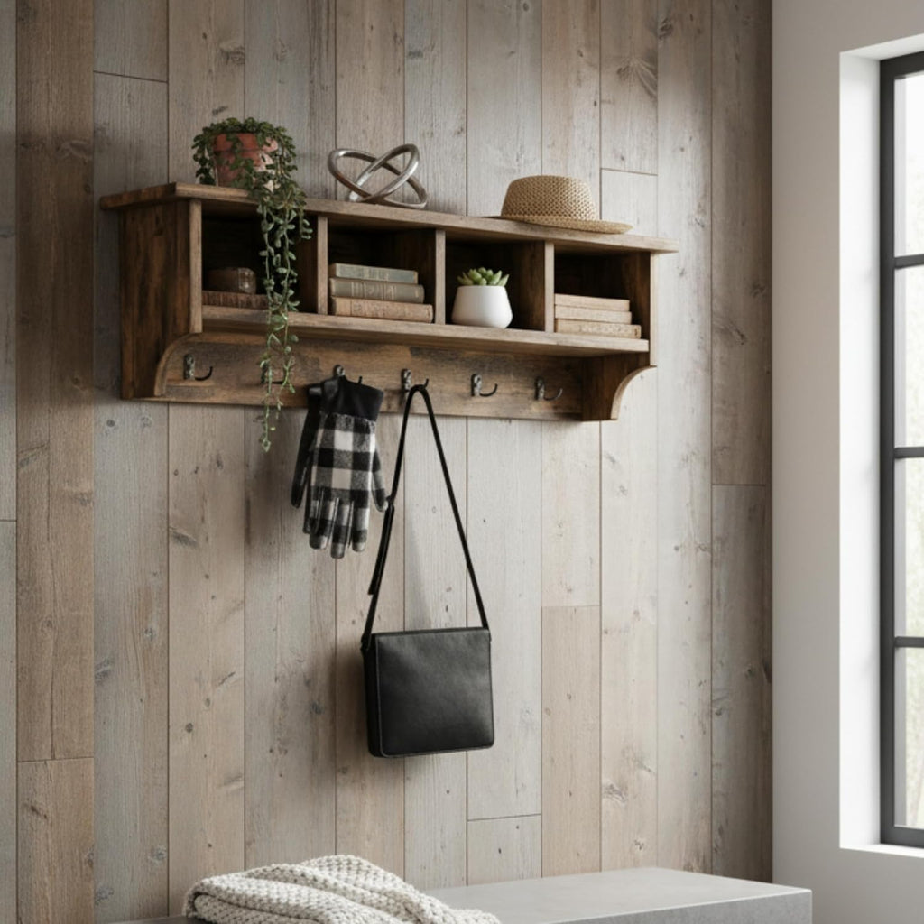 Pomona Solid Wood Entryway Coat Rack With Cubbies, Rustic Brown, 48 Inch | Wall-Mounted Coat Rack With 6 Double Hooks And 4 Open Cubbies, Rustic Farmhouse Mudroom Storage By Alaterre Furniture