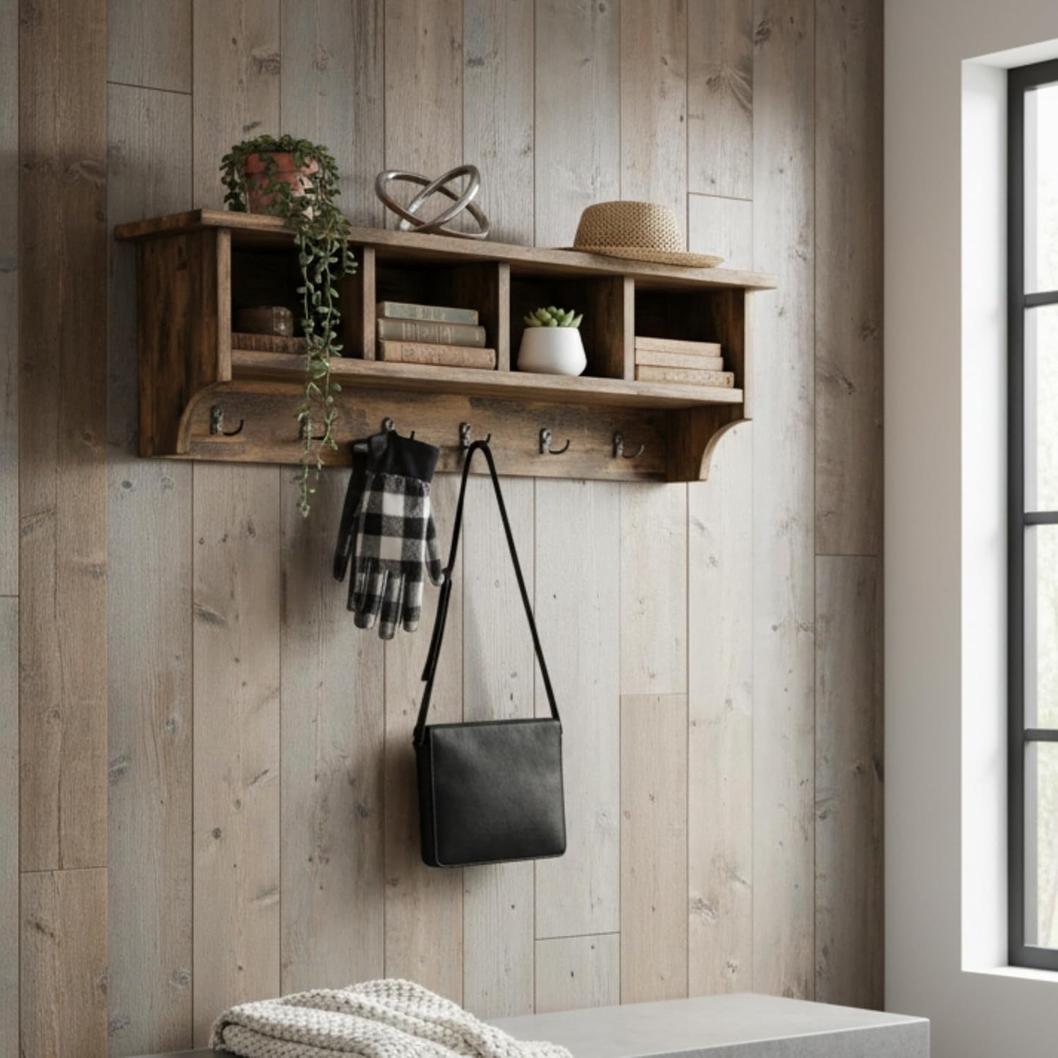 Pomona Solid Wood Entryway Coat Rack With Cubbies, Rustic Brown, 48 Inch | Wall-Mounted Coat Rack With 6 Double Hooks And 4 Open Cubbies, Rustic Farmhouse Mudroom Storage By Alaterre Furniture