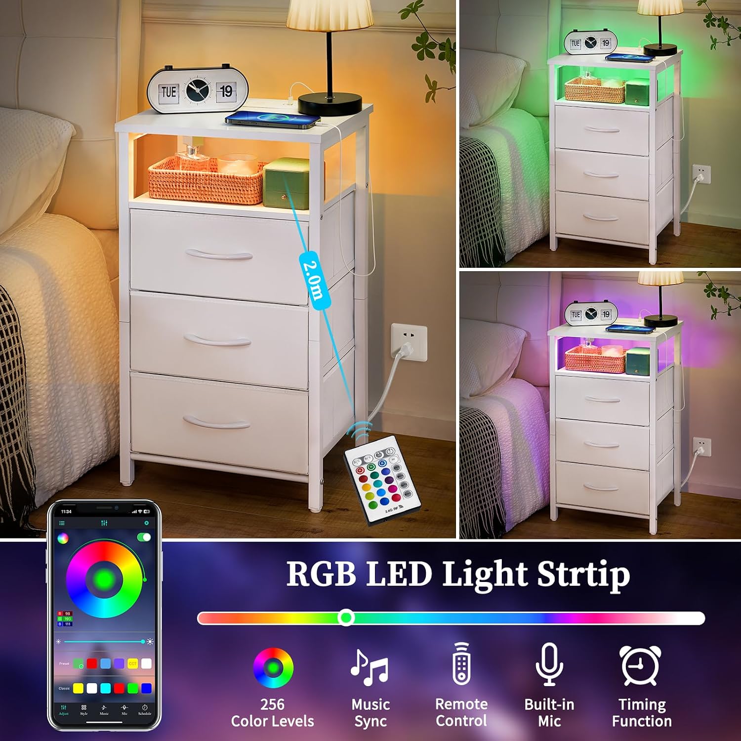 Yoobure Night Stand With Charging Station, 16 Colors Led Nightstand With Usb Ports And Outlets, End Table With 3 Fabric Drawers And Storage Shelf, Bedside Tables Small Dresser For Small Space White
