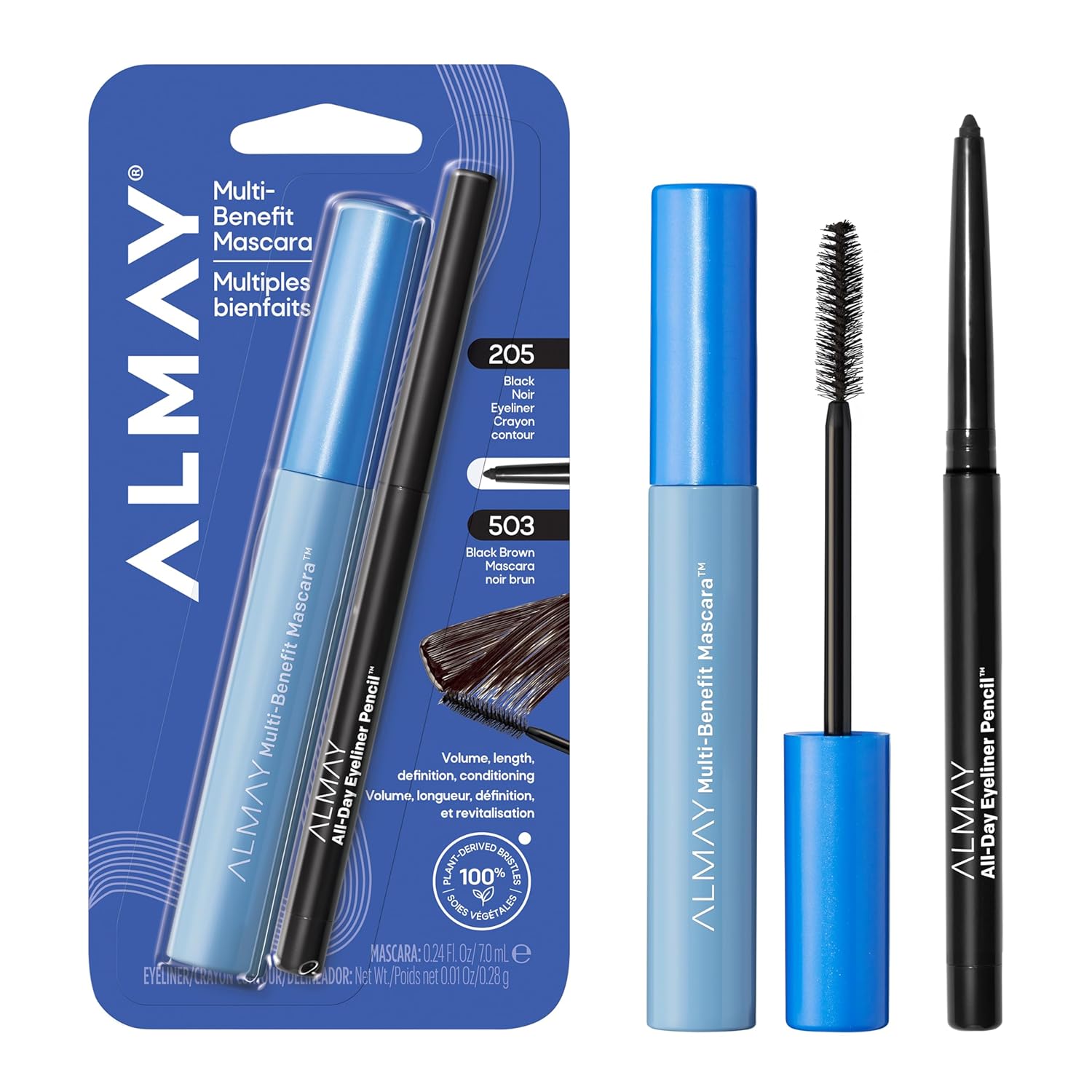 Almay Multi-Benefit Mascara & All-Day Eyeliner Pencil Duo, Eye Makeup, Hypoallergenic, Black Eyeliner and Black Brown Mascara, 1.1 oz