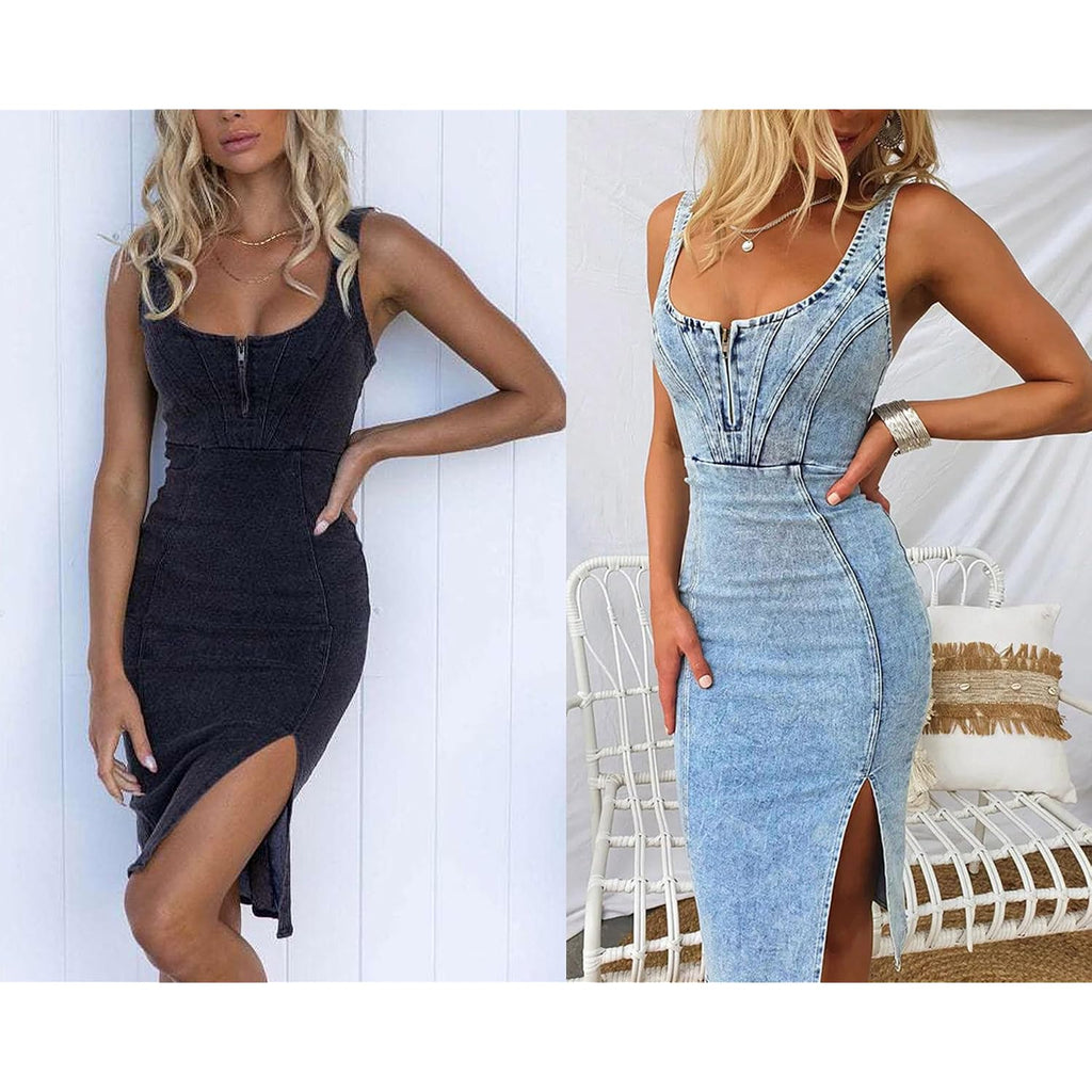 Utcoco Denim Dress For Women Sleeveless Side Slit Bodycon Midi Jean Dresses For Women 2026