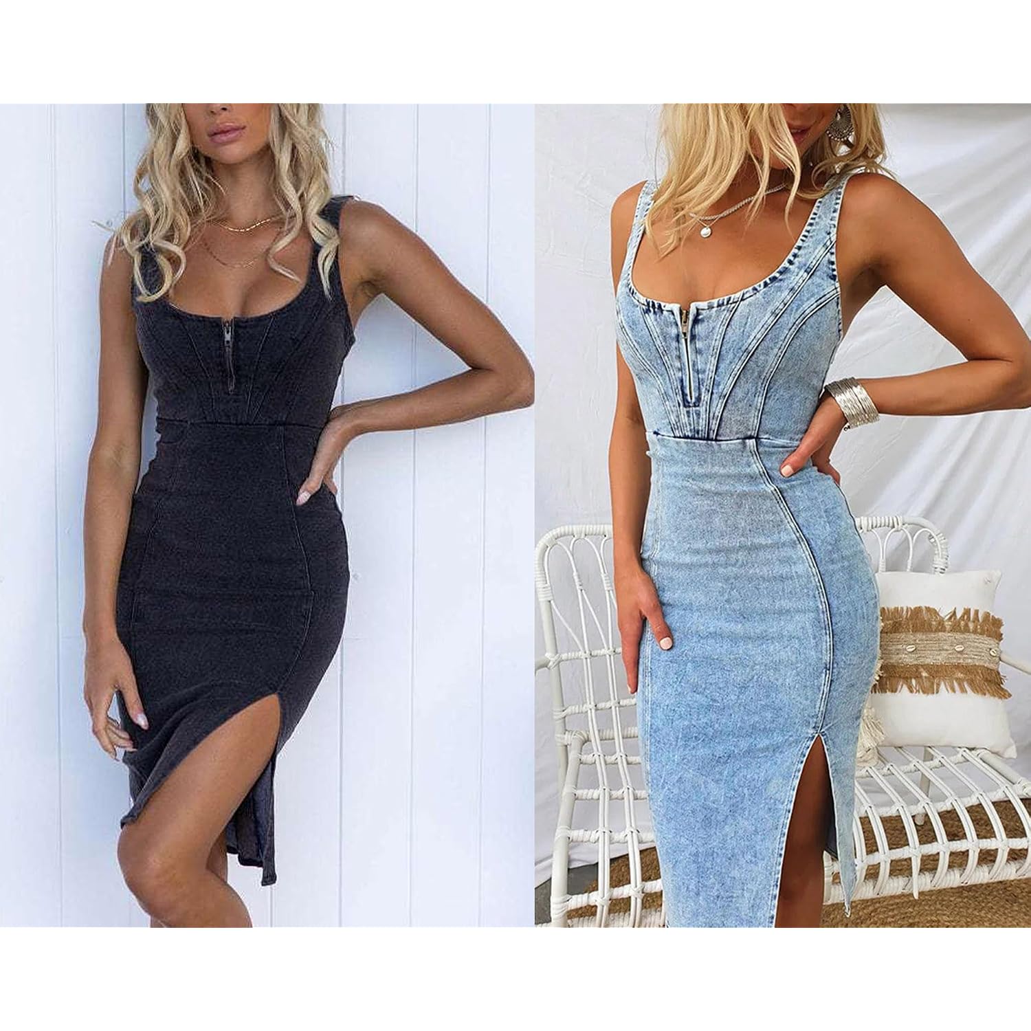 Utcoco Denim Dress For Women Sleeveless Side Slit Bodycon Midi Jean Dresses For Women 2026