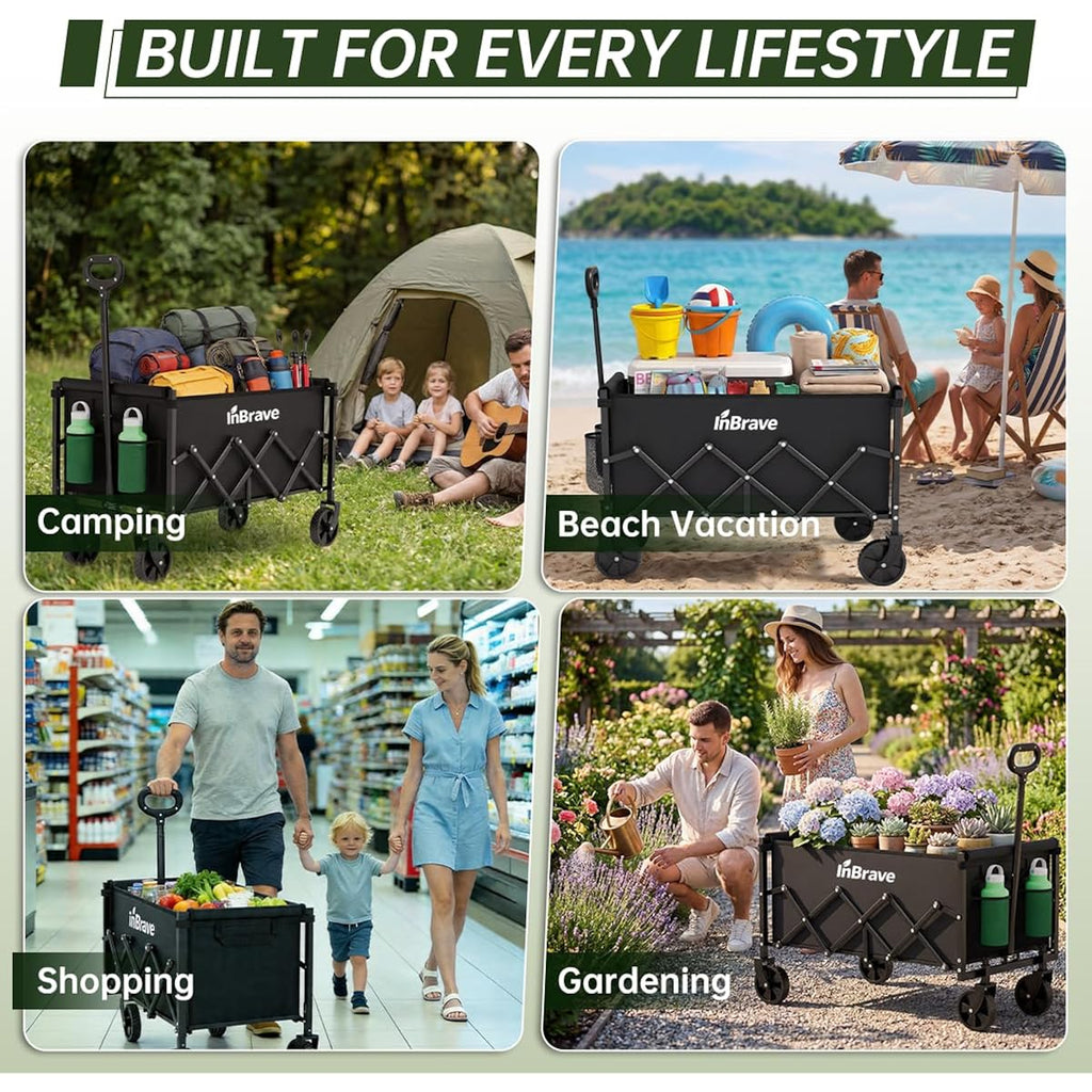 Collapsible Wagon Cart Foldable Beach Wagon With All-Terrain Wheels - 380 Lbs Heavy Duty Grocery Cart For Shopping, Beach, Camping, Sports, Garden (Black)