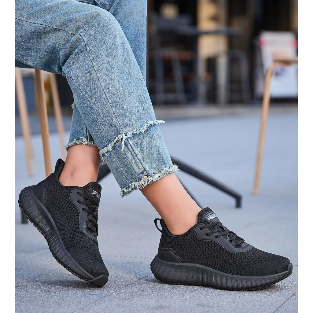 Shulook Women'S Non Slip Work Shoes Slip-Resistant Kitchen Chef Restaurant Food Service Nurse Shoe Comfortable Mesh Breathable Walking Sneakers Black