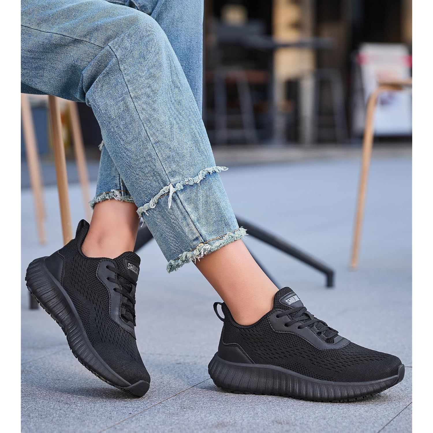 Shulook Women'S Non Slip Work Shoes Slip-Resistant Kitchen Chef Restaurant Food Service Nurse Shoe Comfortable Mesh Breathable Walking Sneakers Black