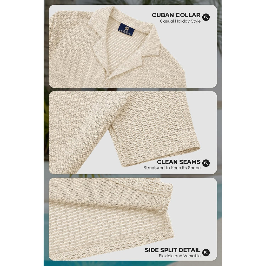 Herberton Mens Crochet Shirts Summer Fashion Knit Mesh Button Down Casual Cuban Top (S-Xxl)