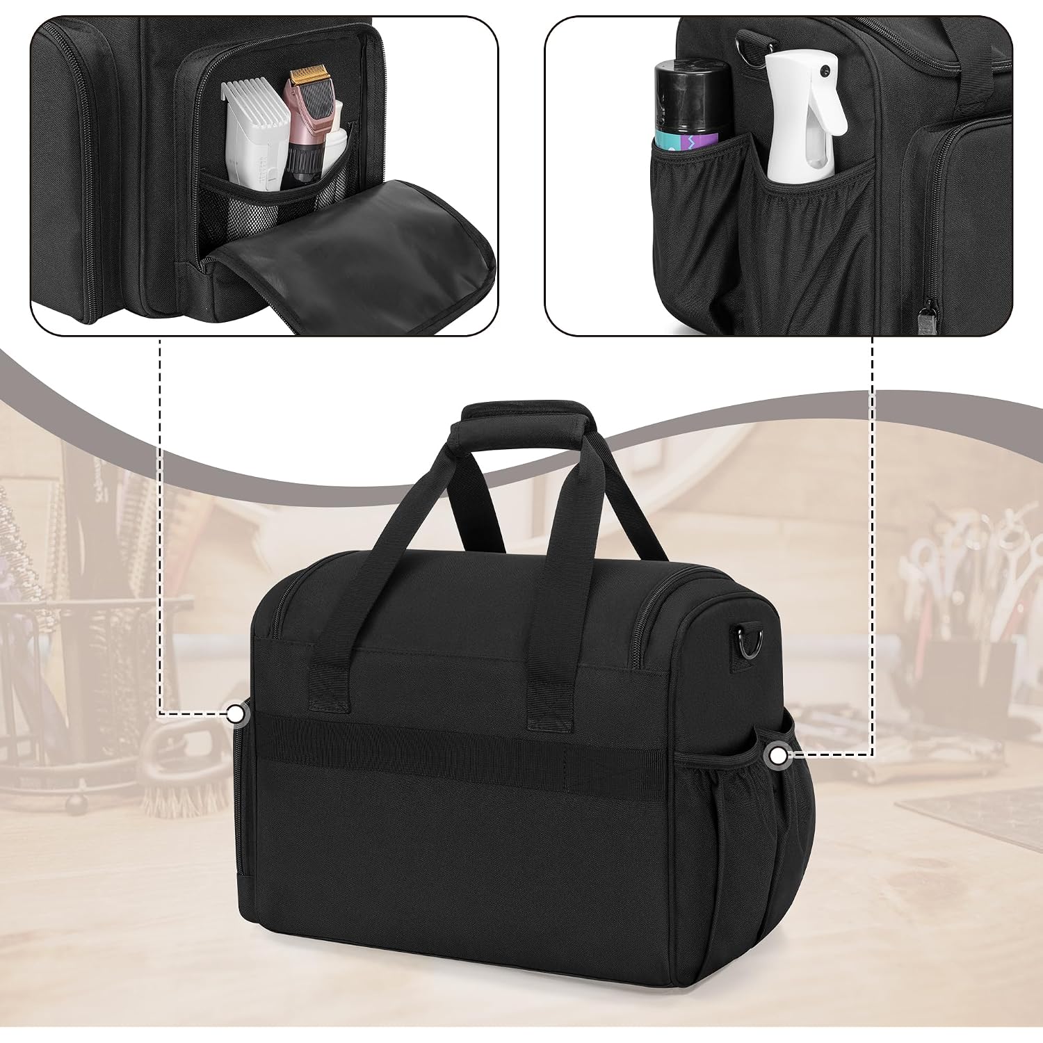 Large Insulated Hairdresser Bag With A Semi Detachable Divider And 2 Removable Pouches, Hairstylist Traveling Bag Holds Various Hair Cutting Tools, Black