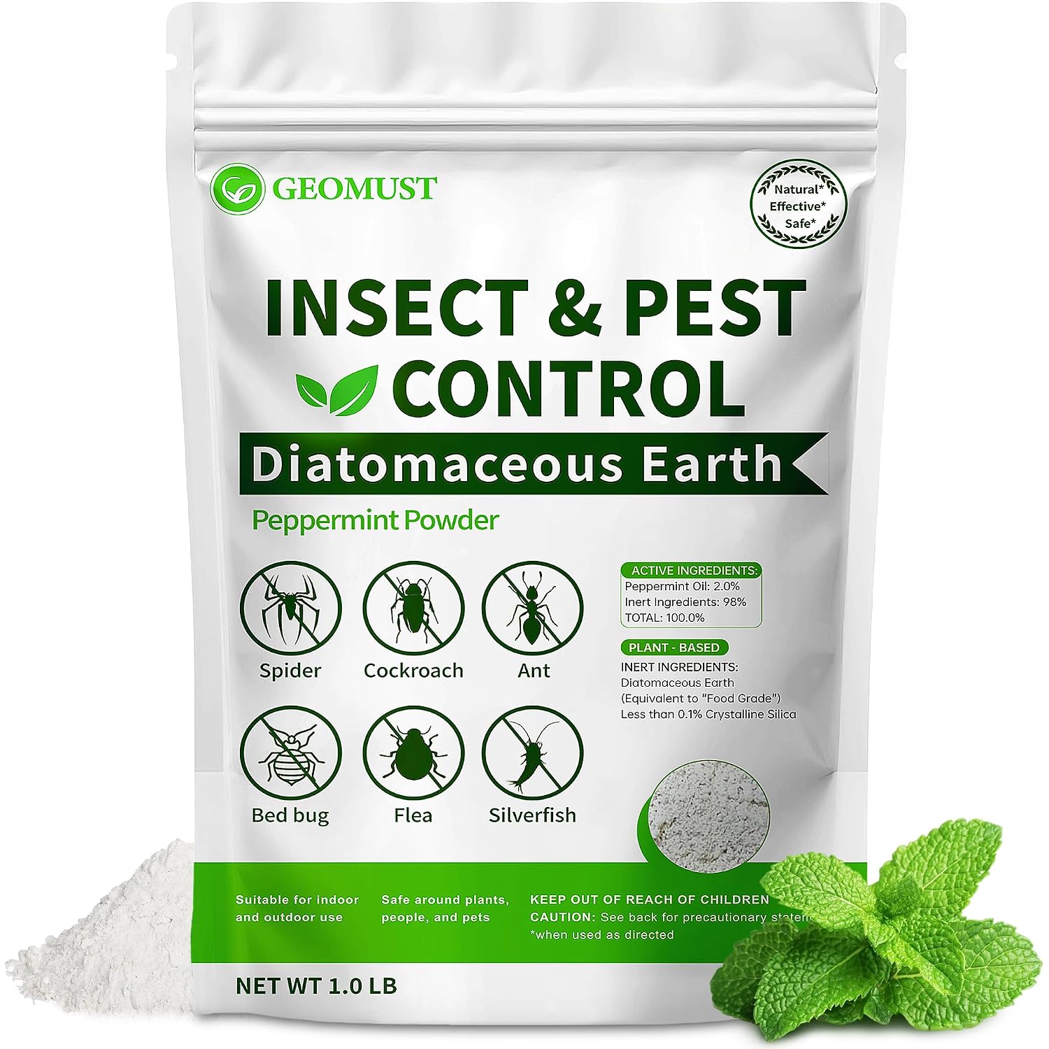Diatomaceous Earth Food Grade And Peppermint Oil Insect Killer, Natural Crawling Pest Control For Home Garden, Kills Ants, Roaches, Fleas, Bed Bugs Silverfish, Indoor Outdoor Use, 1 Lb