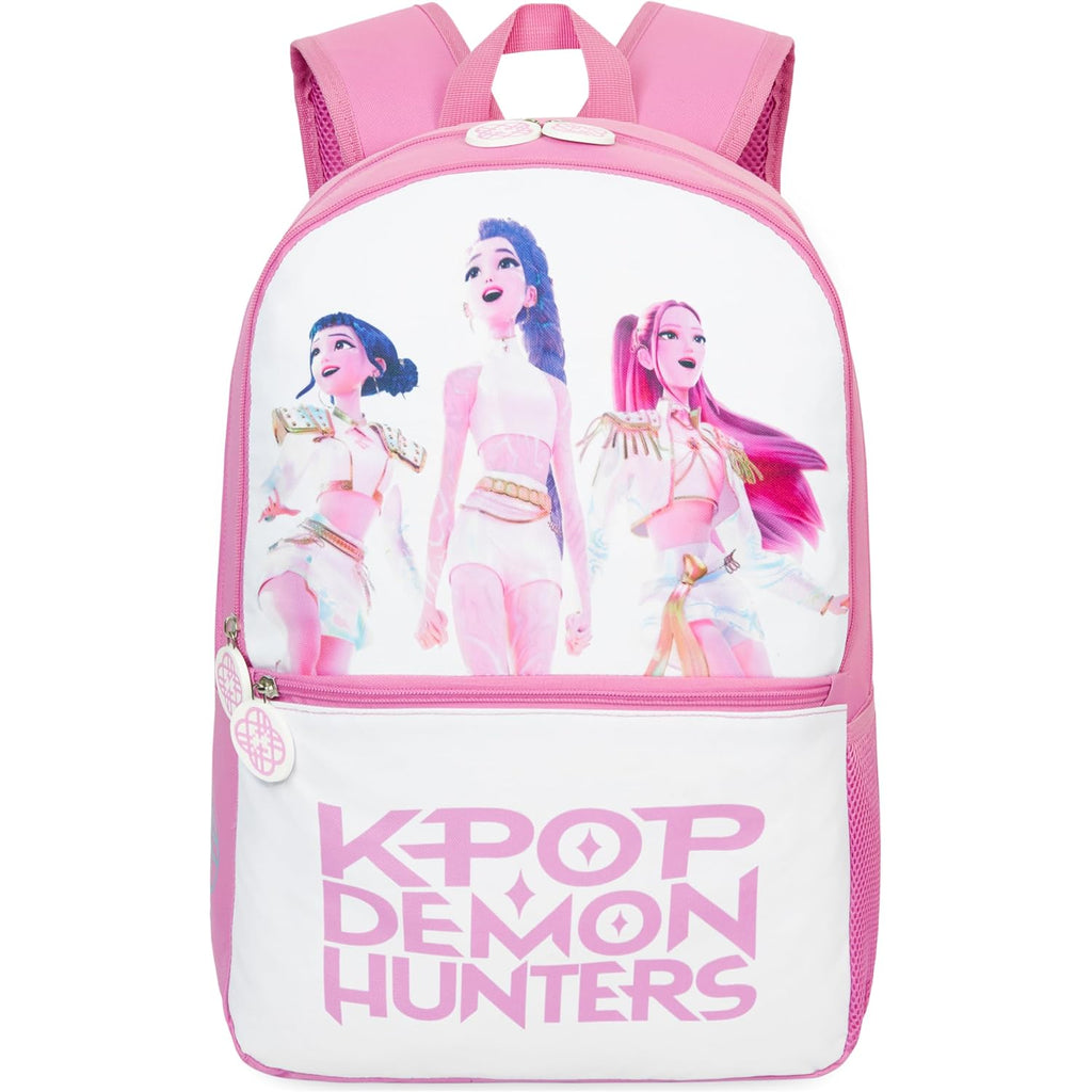 Get Trend Kpop Demon Hunters Backpack For Girls, Officially Licensed 18In Bookbag & Adjustable Padded Straps, Lightweight Travel School Bag, Huntrix Gifts For Girls (Pink/White)