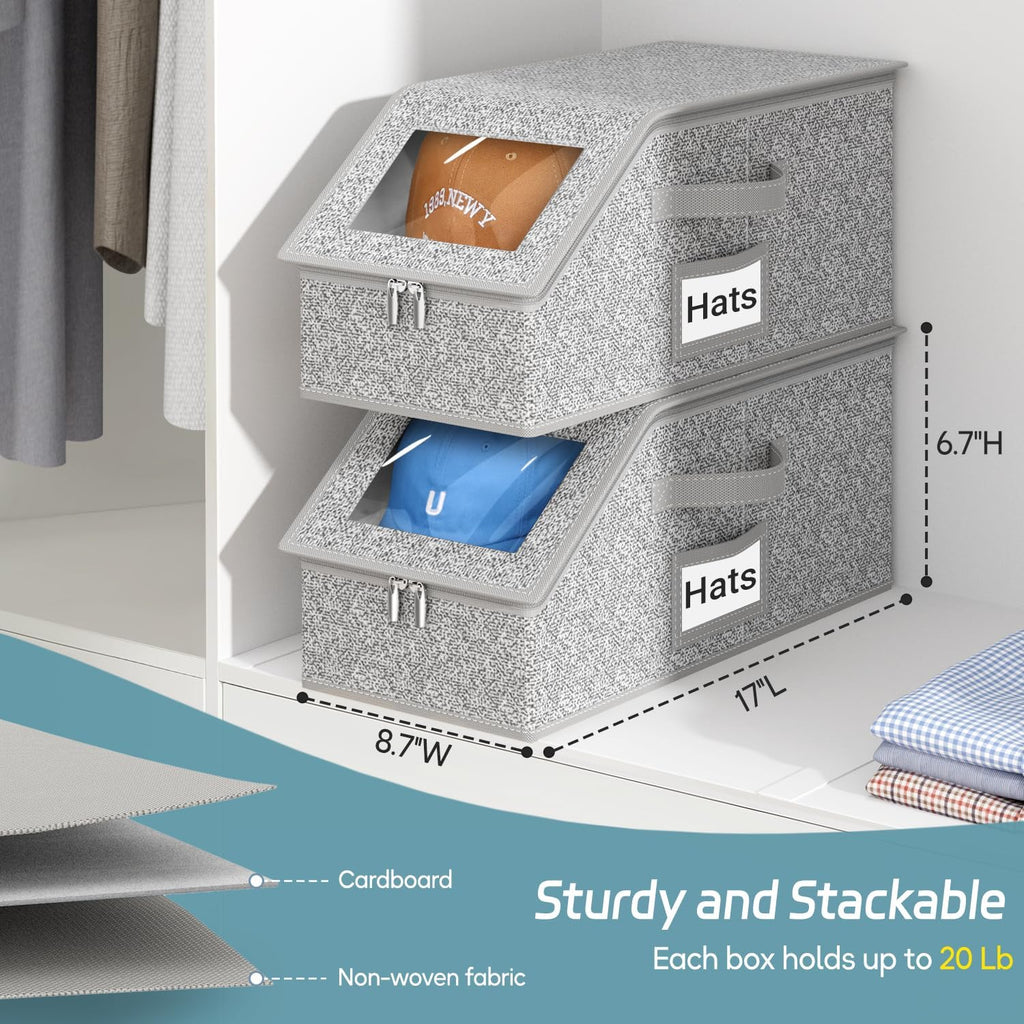 2 Pcs Stackable Hat Storage For Baseball Caps, Holds Up To 24 Caps Hat Organizer For Closet, Sturdy Snapback Boxes For Men With Cardboard, Grey