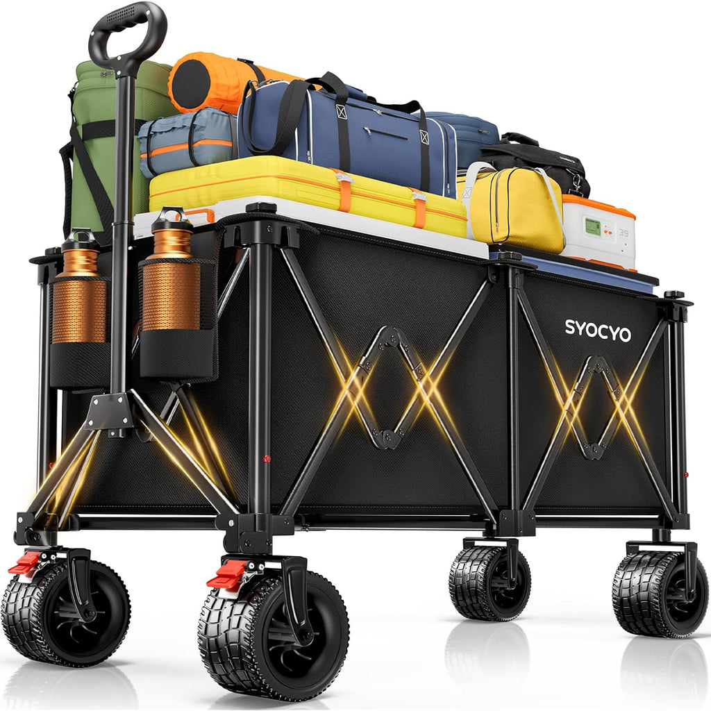 Beach Wagon Carts Foldable 570Lbs Collapsible Wagon With Big All-Terrain Wheels For Sand 330L Heavy Duty Utility Carts With Cup Holders For Garden, Camping, Grocery, Black