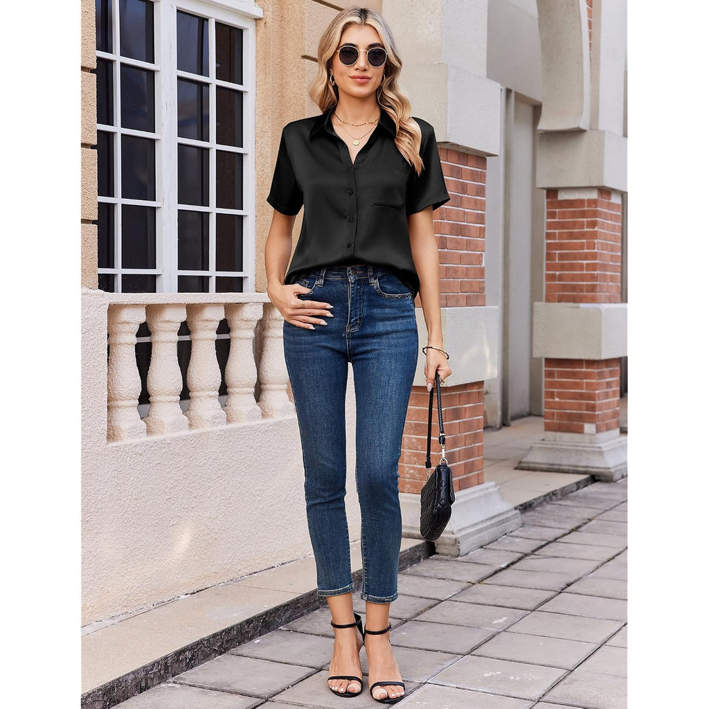 Zeagoo Satin Blouses For Women Silk Button Down Shirts Short Sleeve Business Casual Tops