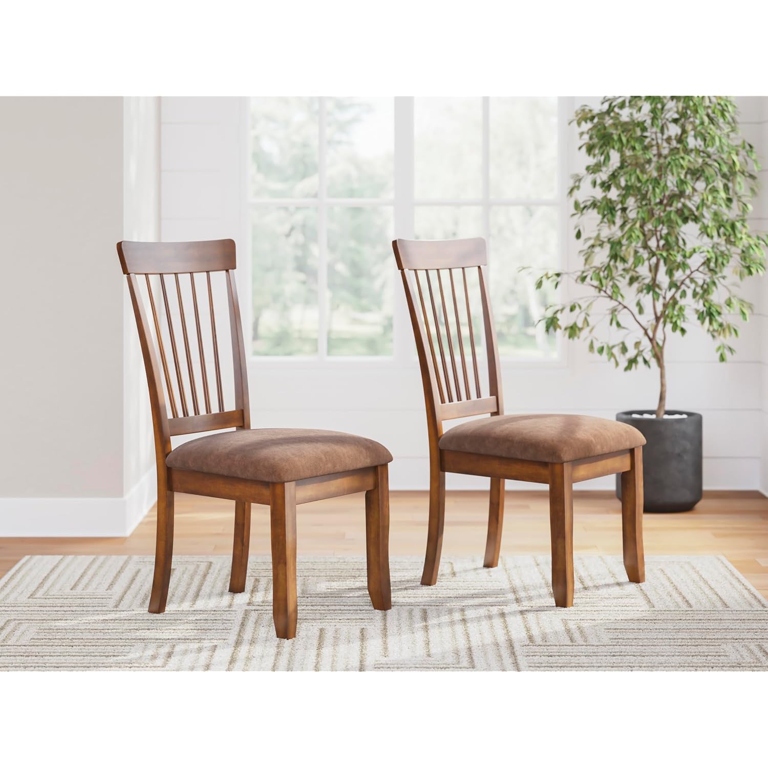 Signature Design By Ashley Berringer Dining Chairs Set Of 2, Classic Wood Spindle-Back Design, Cushioned Microfiber Seat, Rustic Finish For Kitchen & Dining Room Chair, Walnut