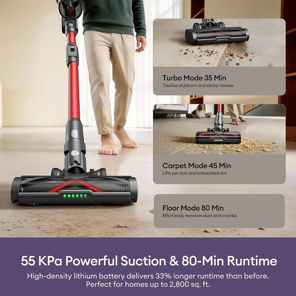 Ultenic Cordless Vacuum Cleaner, 55Kpa/650W/80Mins, Cordless Stick Vacuum With 180°Bendable Wand, Touch Screen, Anti-Tangle Brush, Self-Standing, Vacuum Cleaners For Home/Floor/Pet Hair/Carpets