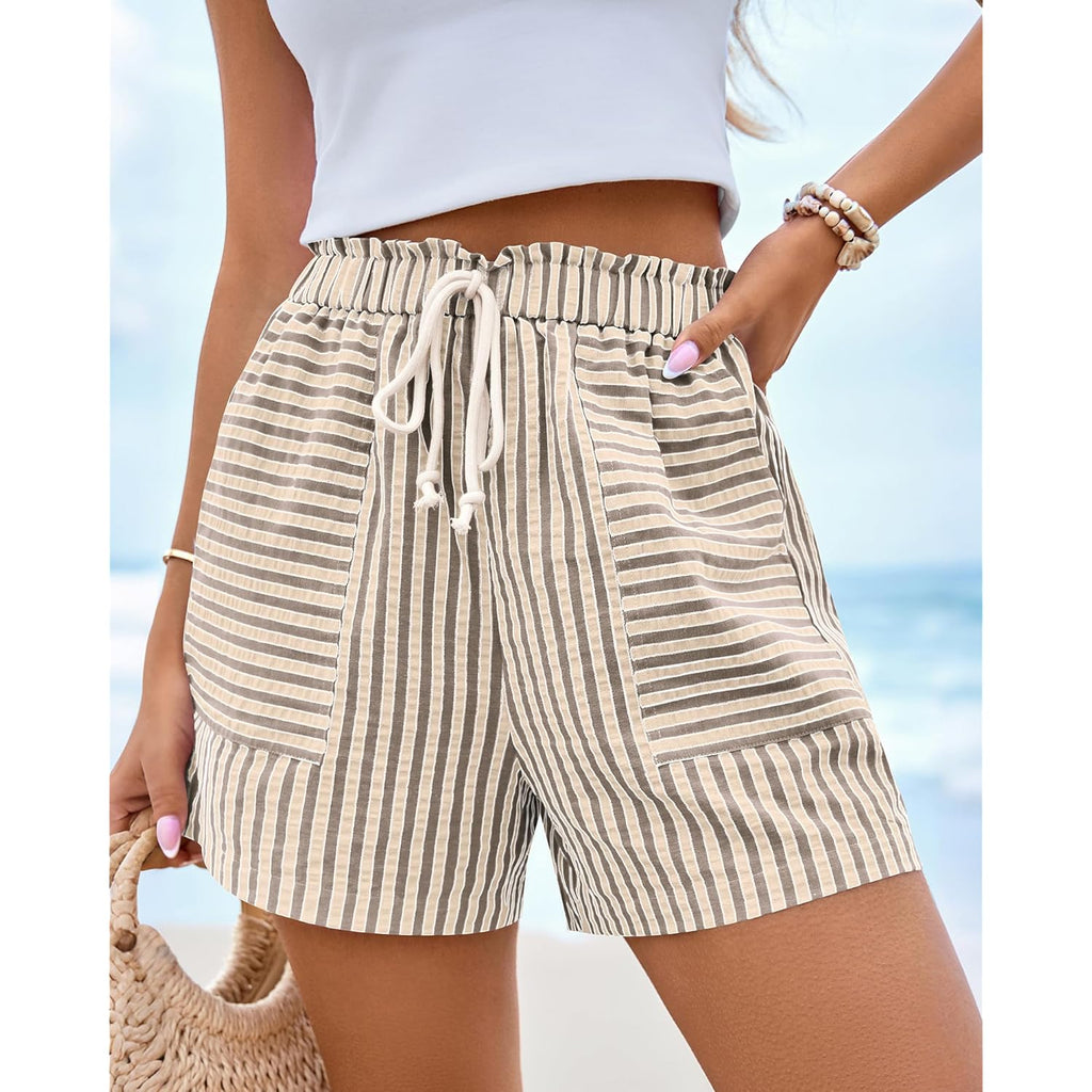 Striped Summer Shorts for Women 2026 Loose Spring Casual Elastic Waist Lounge Resort Wear Vacation Beach Shorts