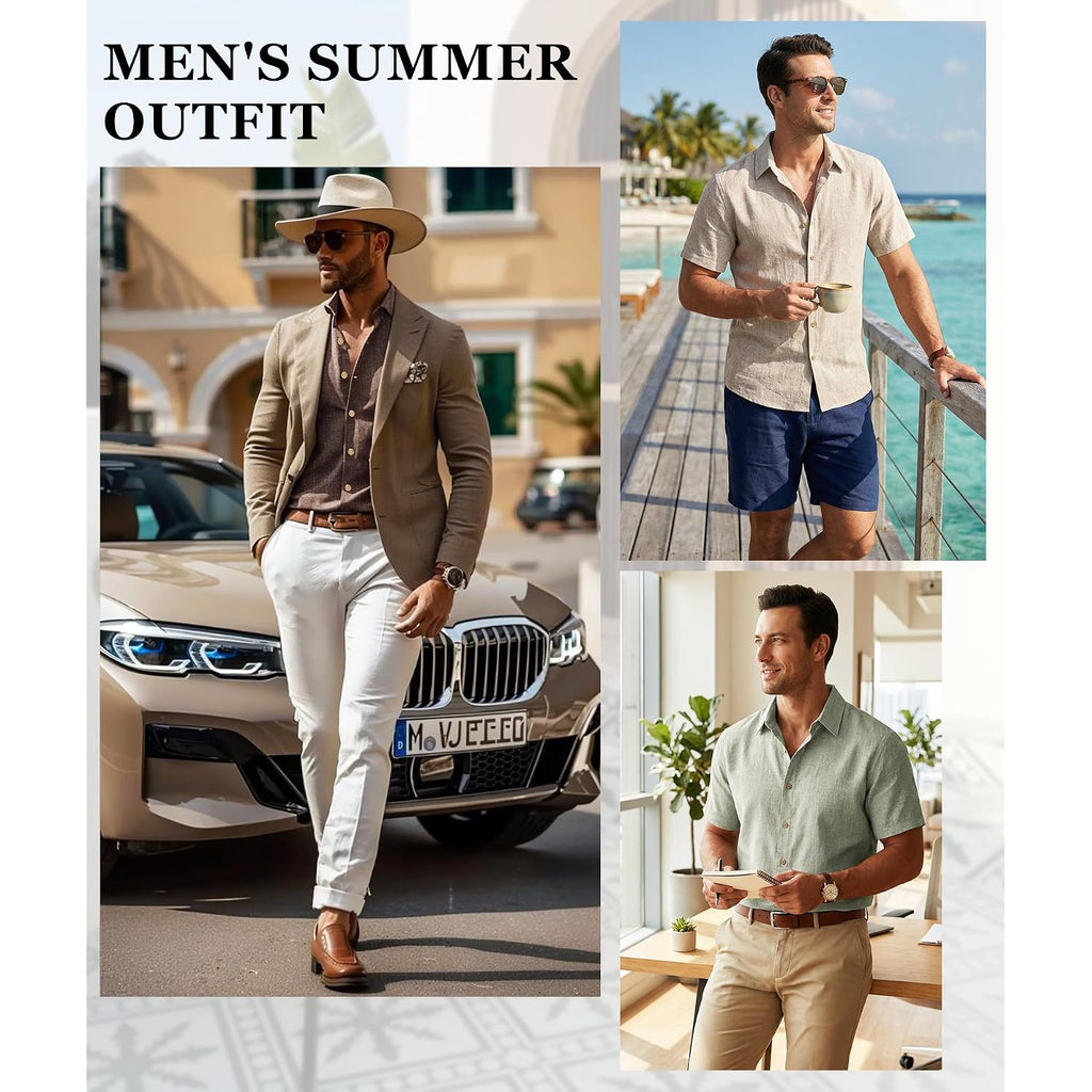 Curbodo Linen Blend Shirts For Men Casual Short Sleeve Button Down Shirt Cool Summer Beach Wedding Vacation Tops