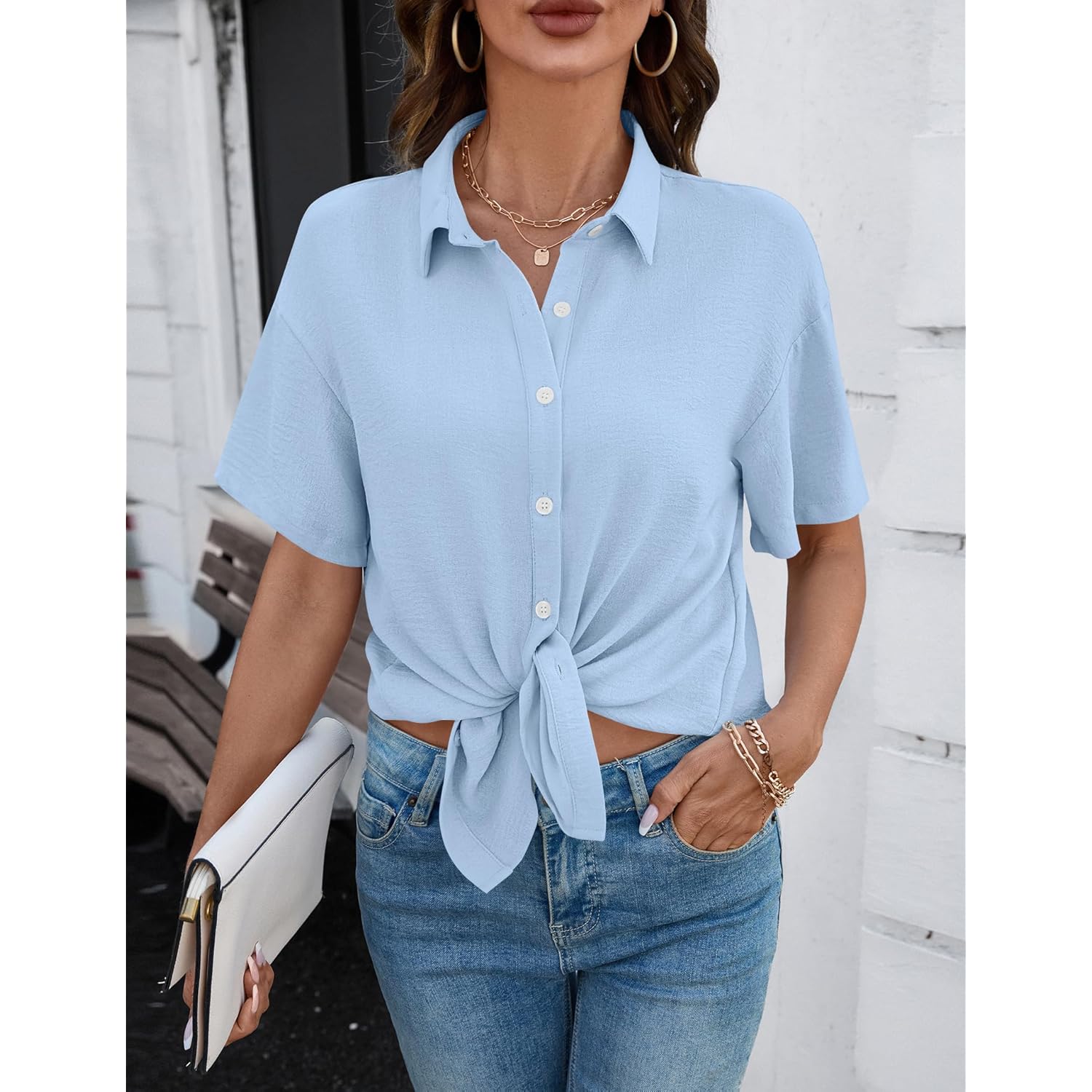 Womens Short Sleeve Button Down Shirts Casual V Neck Collared Blouses Work Tops