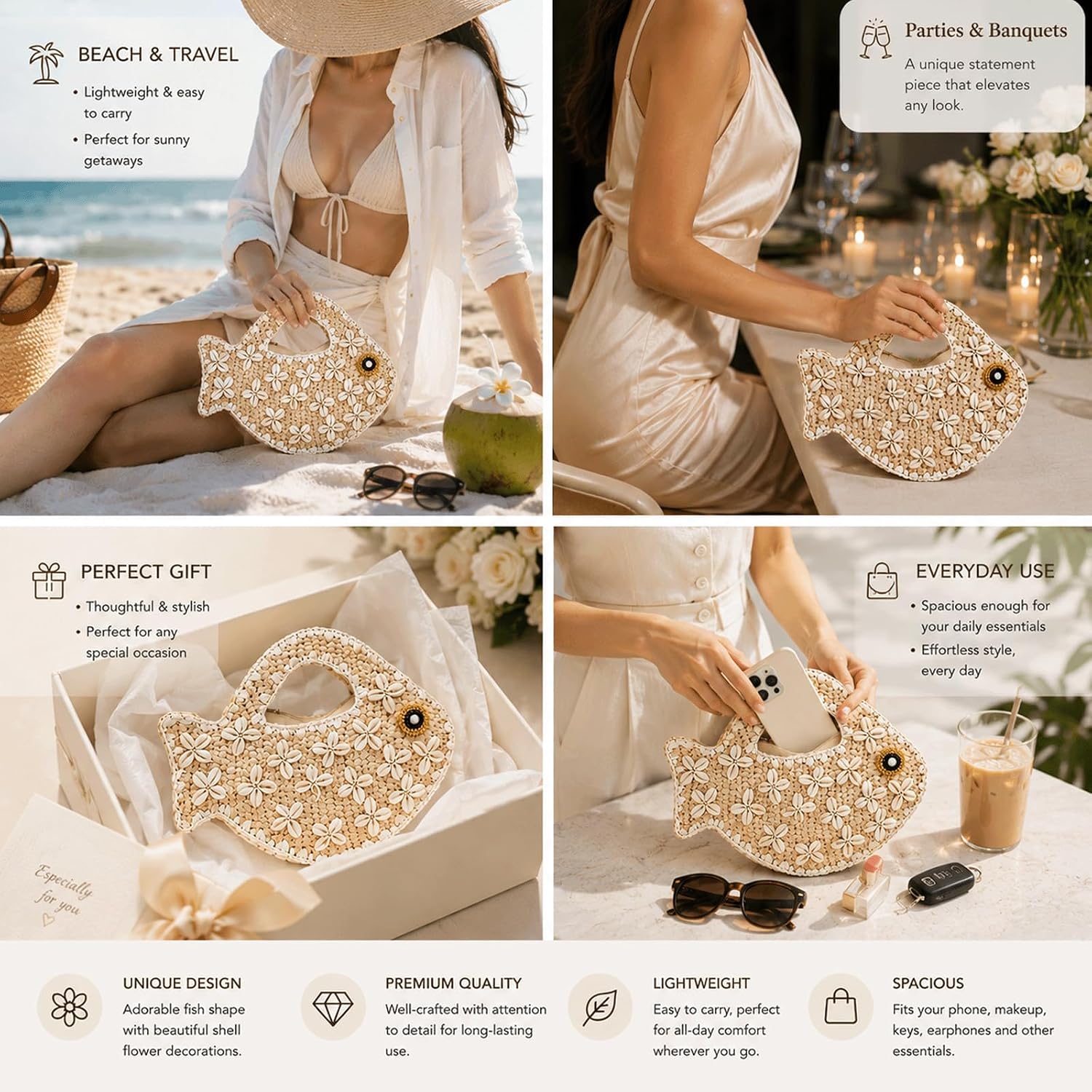 Fish Purse Clutch Straw Woven Fish Shaped Handbag Small Fun Bag Mini Novelty Tote For Women Summer Spring Beach