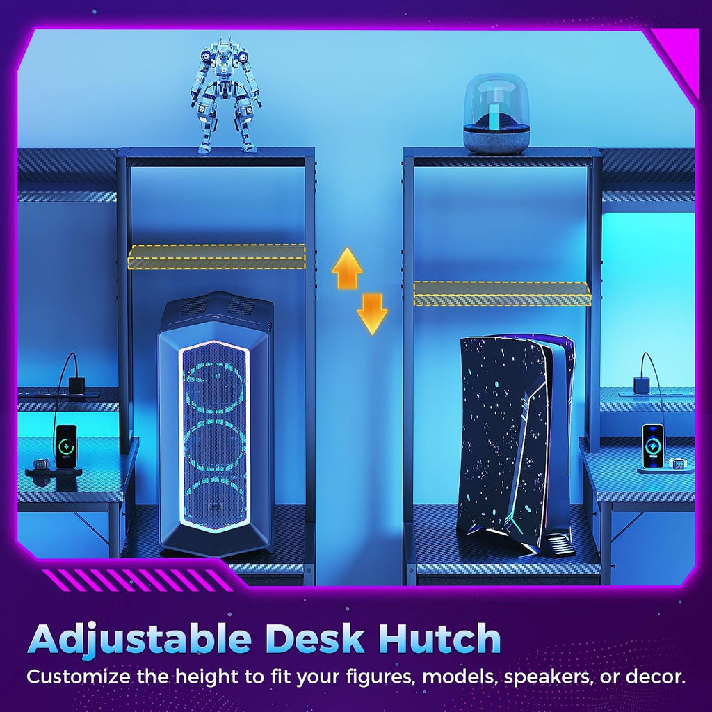 Casaottima 48 Inch Gaming Desk With Hutch & 3 Fabric Drawers, Computer Desk With Usb Ports & Led Lights, Reversible Pc Gamer Table With Monitor Stand For Home Office, Carbon Fiber Black