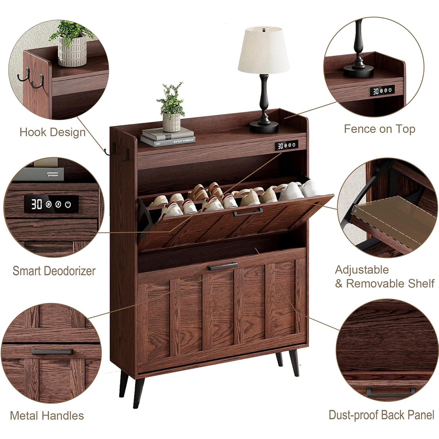 ChooChoo Shoe Storage Cabinet with 2 Flip Drawers, Deodorizing Shoe Organizer Storage for Entryway, Freestanding Hidden Slim Narrow Shoe Rack Cabinet, Walnut
