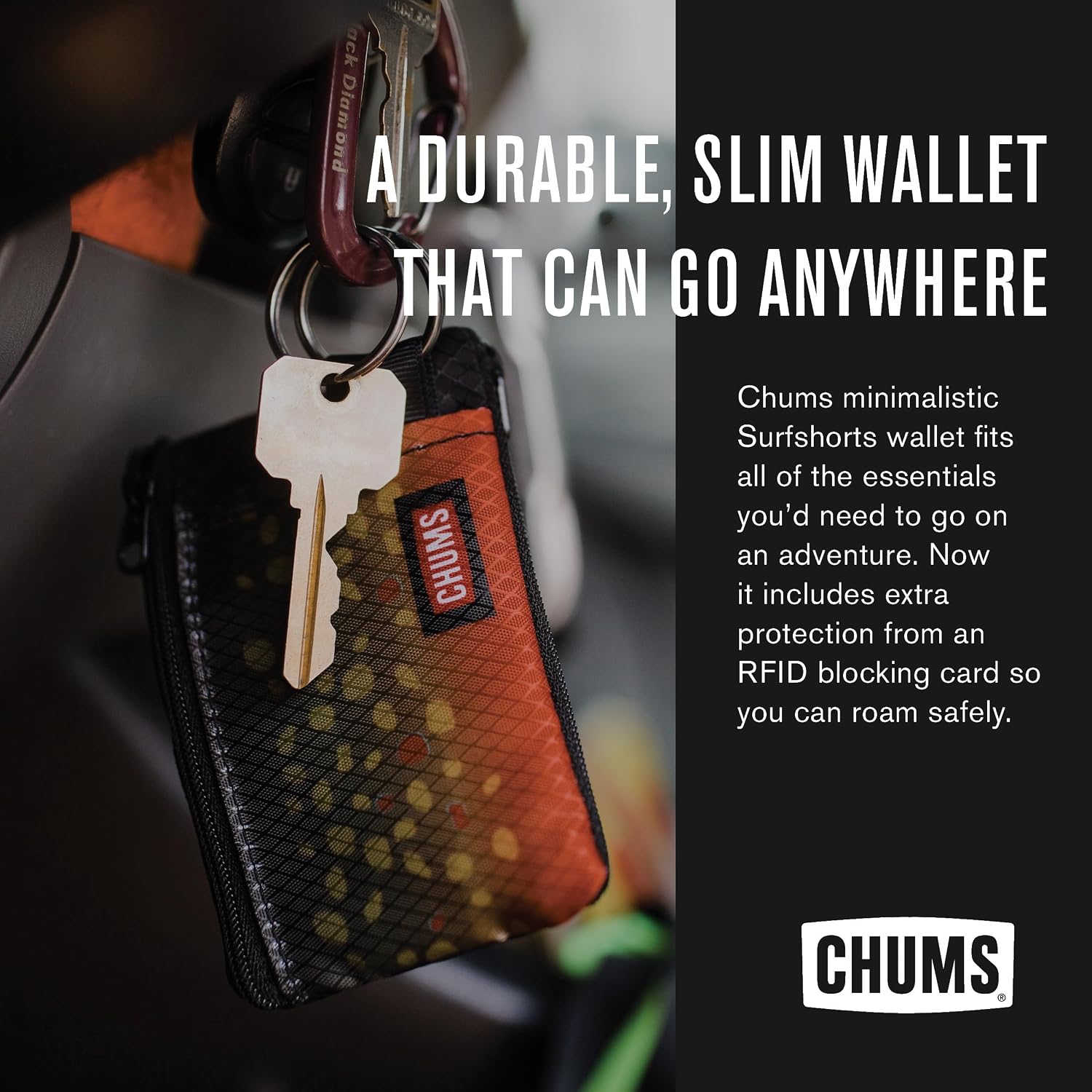 Chums Surfshorts Wallet - Solid Colors Collection, Lightweight Slim Wallet With Rfid Blocking Card & Clear Id Window - Zippered Minimalist Wallet W/Key Ring