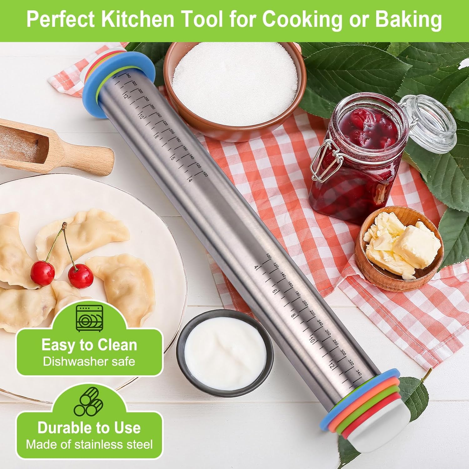 Adjustable Rolling Pin With Thickness Rings For Baking, Stainless Steel Designs Dough Roller Pins For Cookie Decorating Baking Supplies Fondant Cake Baker
