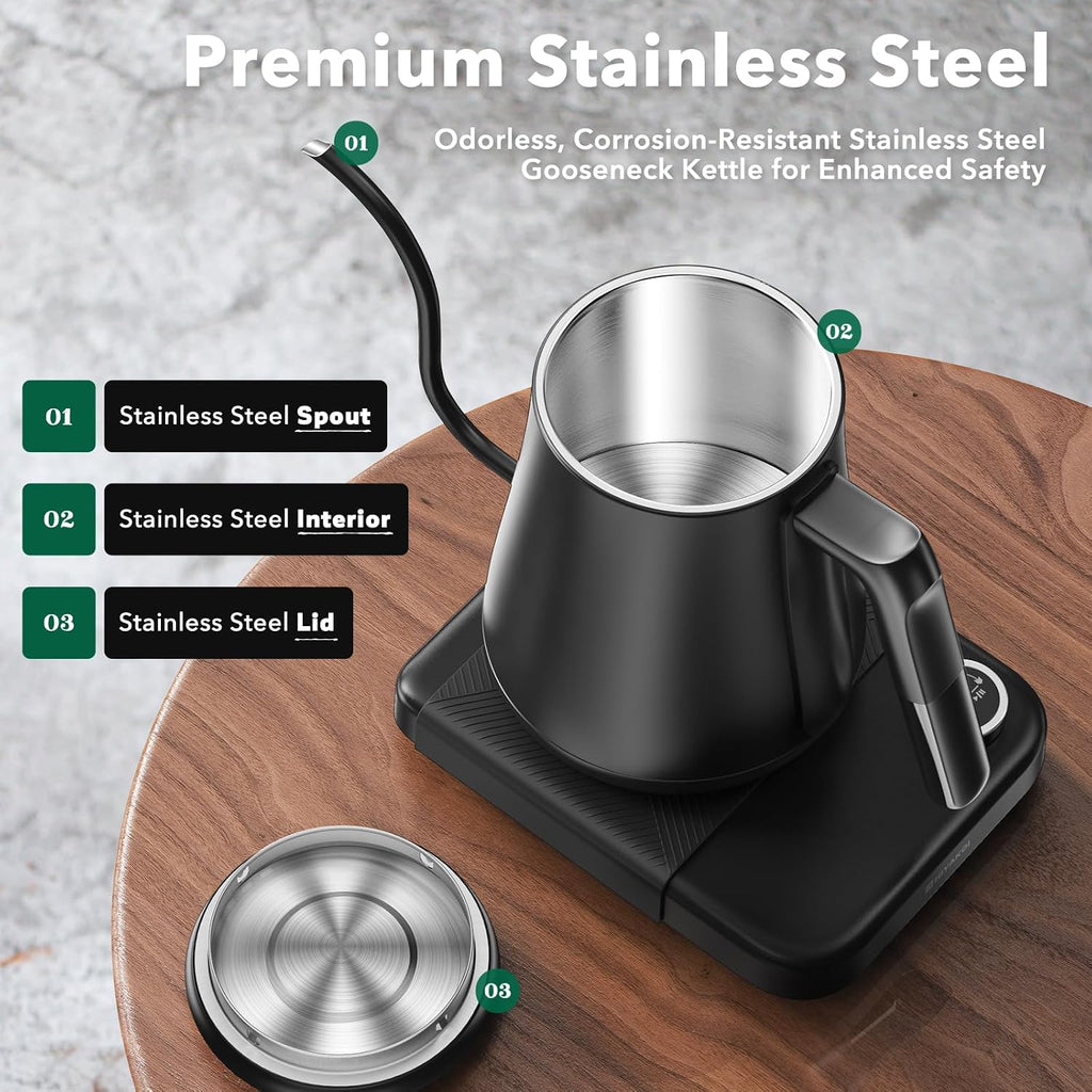Gooseneck Electric Kettle Hiyakoi With ±1℉ Temperature Control, Pour Over Kettle For Coffee & Tea, 1200W Rapid Heating, Stainless Steel Water Boiler With 12H Keep Warm & Built-In Timer, 0.8L/27Oz