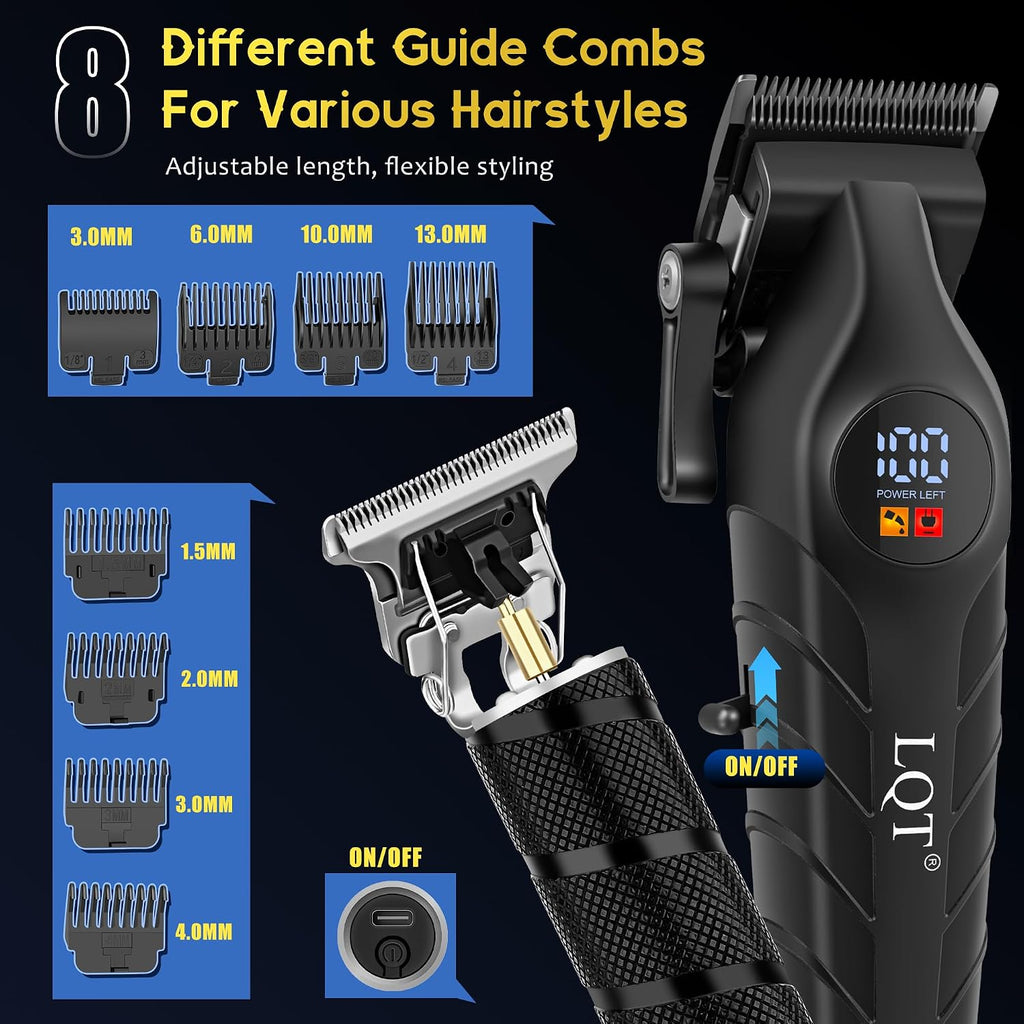 Men'S Professional Cordless Hair Clippers & Trimmer Kit, 4-In-1 Electric Shaver Set With Led Display, Waterproof Body Groomer, Nose Trimmer & T-Blade For Bald Head, Full Barber Kit (Black)