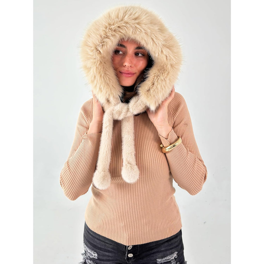 CATCHY & CRAFTY Faux Fur Hooded Winter Hats for Women Warm Fluffy Trapper Hats Head Ear Neck Cover Cold Weather Ski Cap