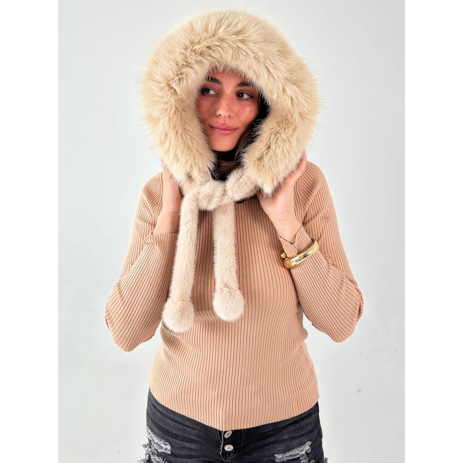 CATCHY & CRAFTY Faux Fur Hooded Winter Hats for Women Warm Fluffy Trapper Hats Head Ear Neck Cover Cold Weather Ski Cap