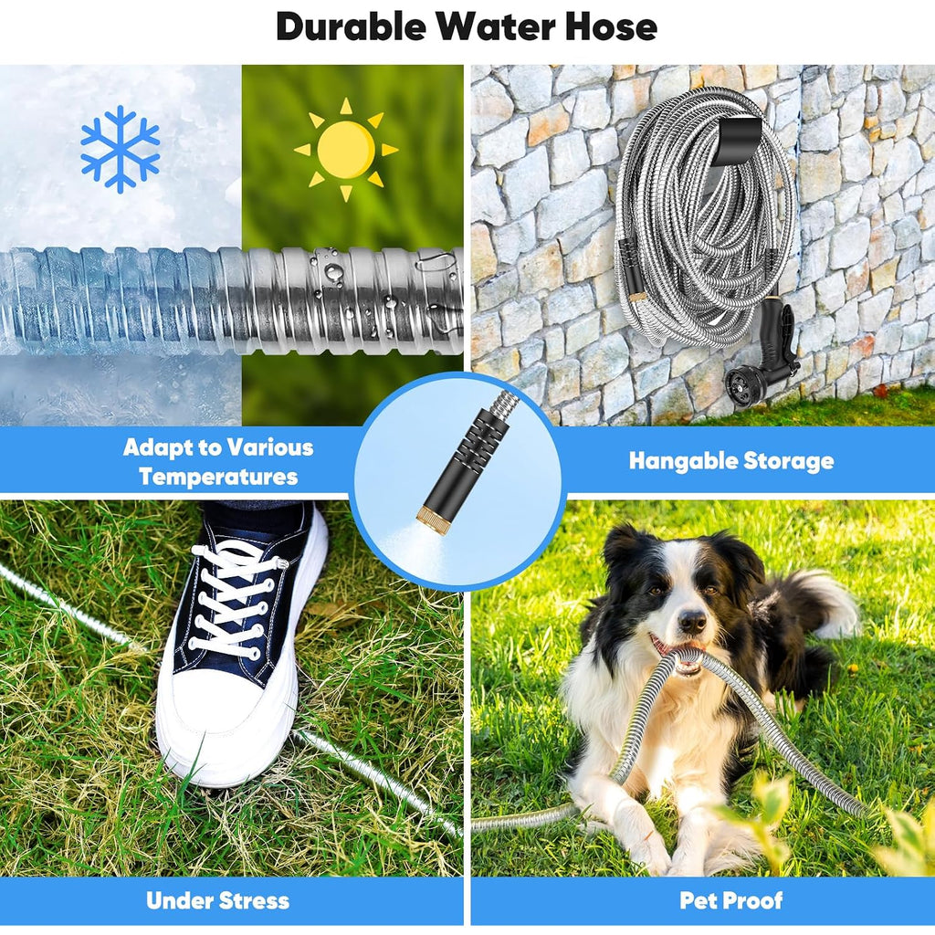 Garden Hose 50 Ft, Metal Stainless Steel Water Hose With 10 Function Nozzles, No Kinks, Flexible Hose, Lightweight, Puncture Proof, Heavy Duty Hose For Yard And Outdoor