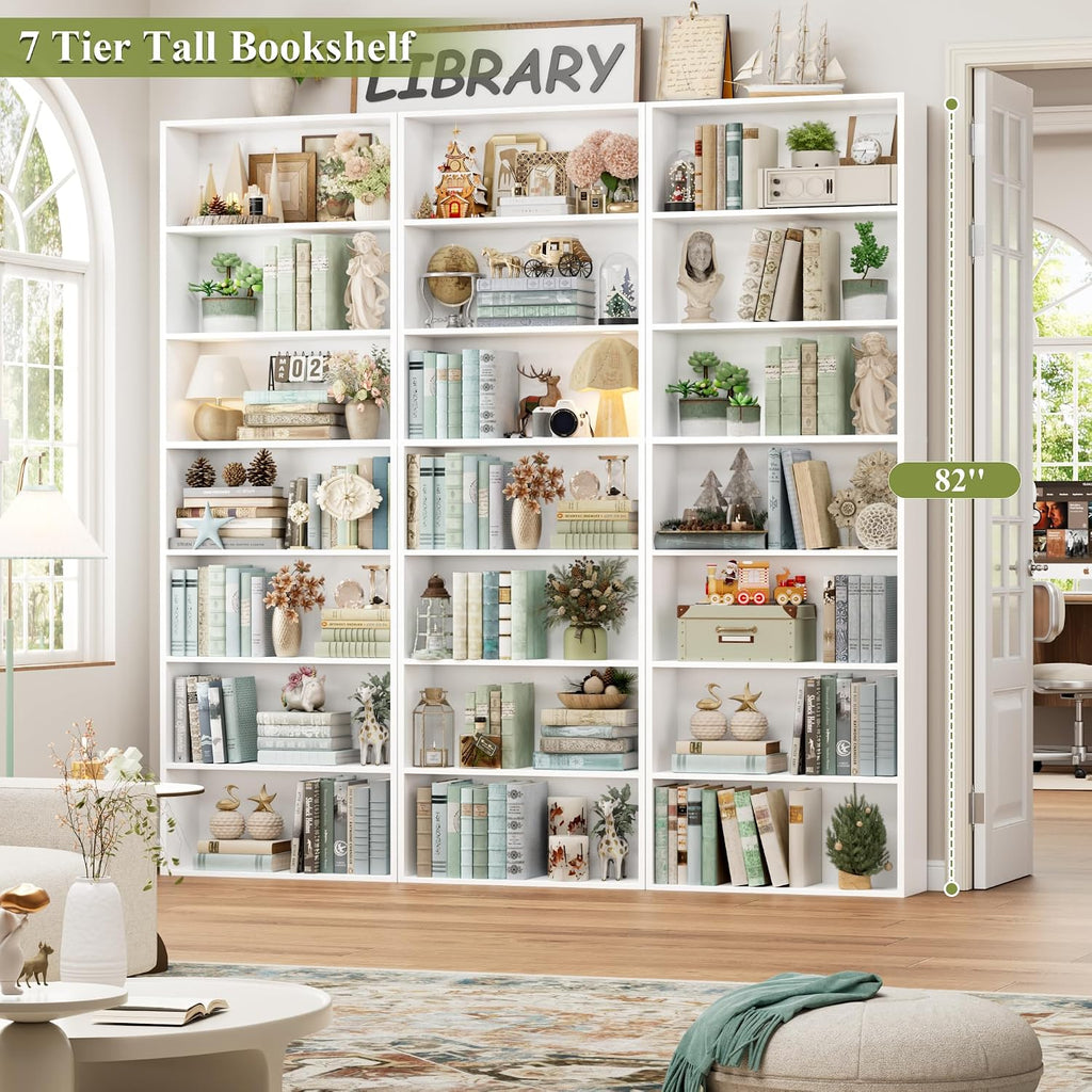 82" Tall Bookshelf, 7-Tier Open Shelves Bookcase, Freestanding Display Storage Shelves, Tall Bookcase Home Decor Furniture For Home Office, Living Room, Bedroom, White