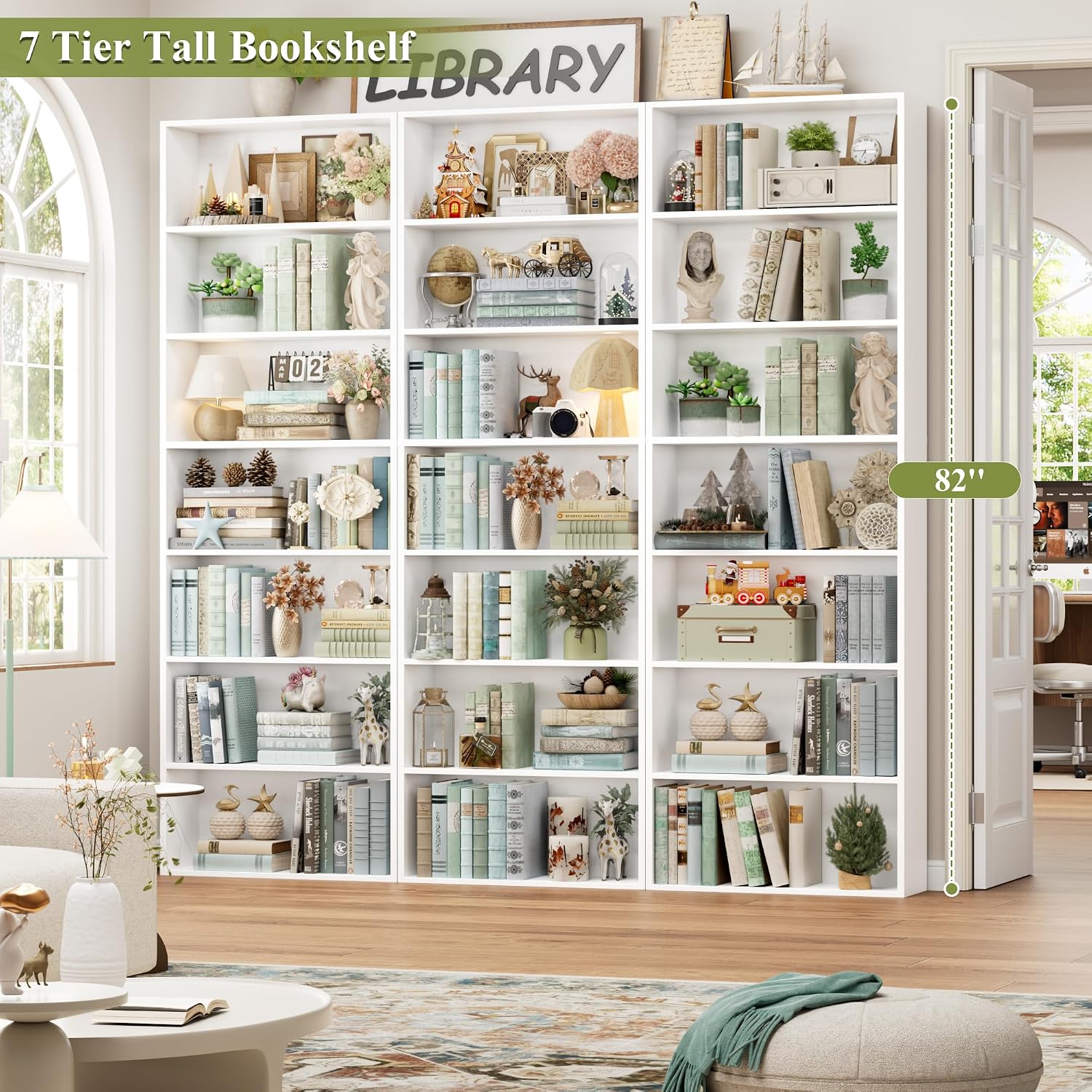 82" Tall Bookshelf, 7-Tier Open Shelves Bookcase, Freestanding Display Storage Shelves, Tall Bookcase Home Decor Furniture For Home Office, Living Room, Bedroom, White