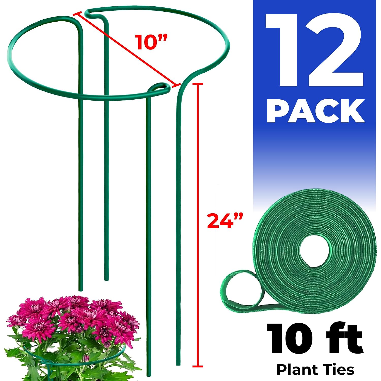 12 Pack Tall Snake Plant Support Stakes – 10" W X 24" H Half Round Peony Cages And Supports For Indoor And Outdoor Plants – Plant Cage Ring Support For Flower - Peony, Tomato, Hydrangea, Rose Bush