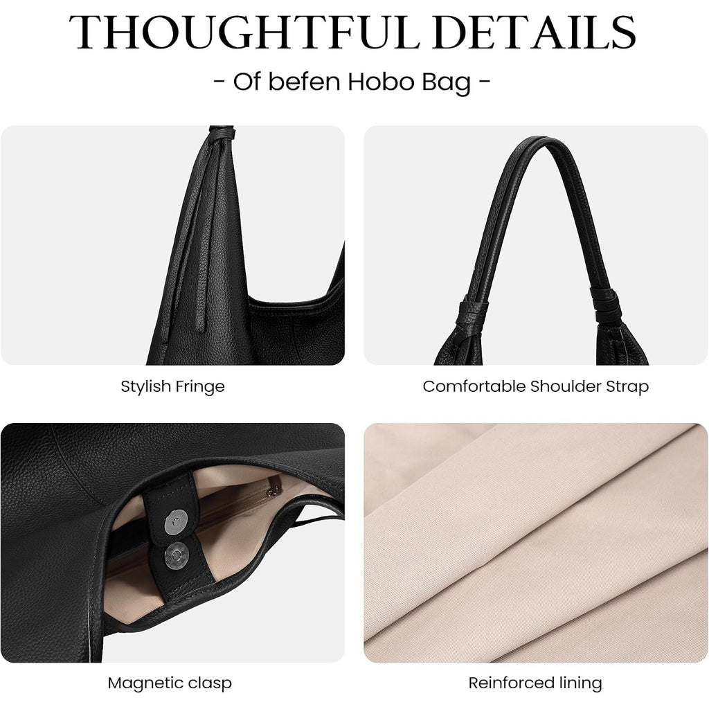 Befen Genuine Leather Slouchy Hobo Purses For Women, Top Grain Real Leather Tote Handbags Shoulder Satchel With Tassel Ribbon
