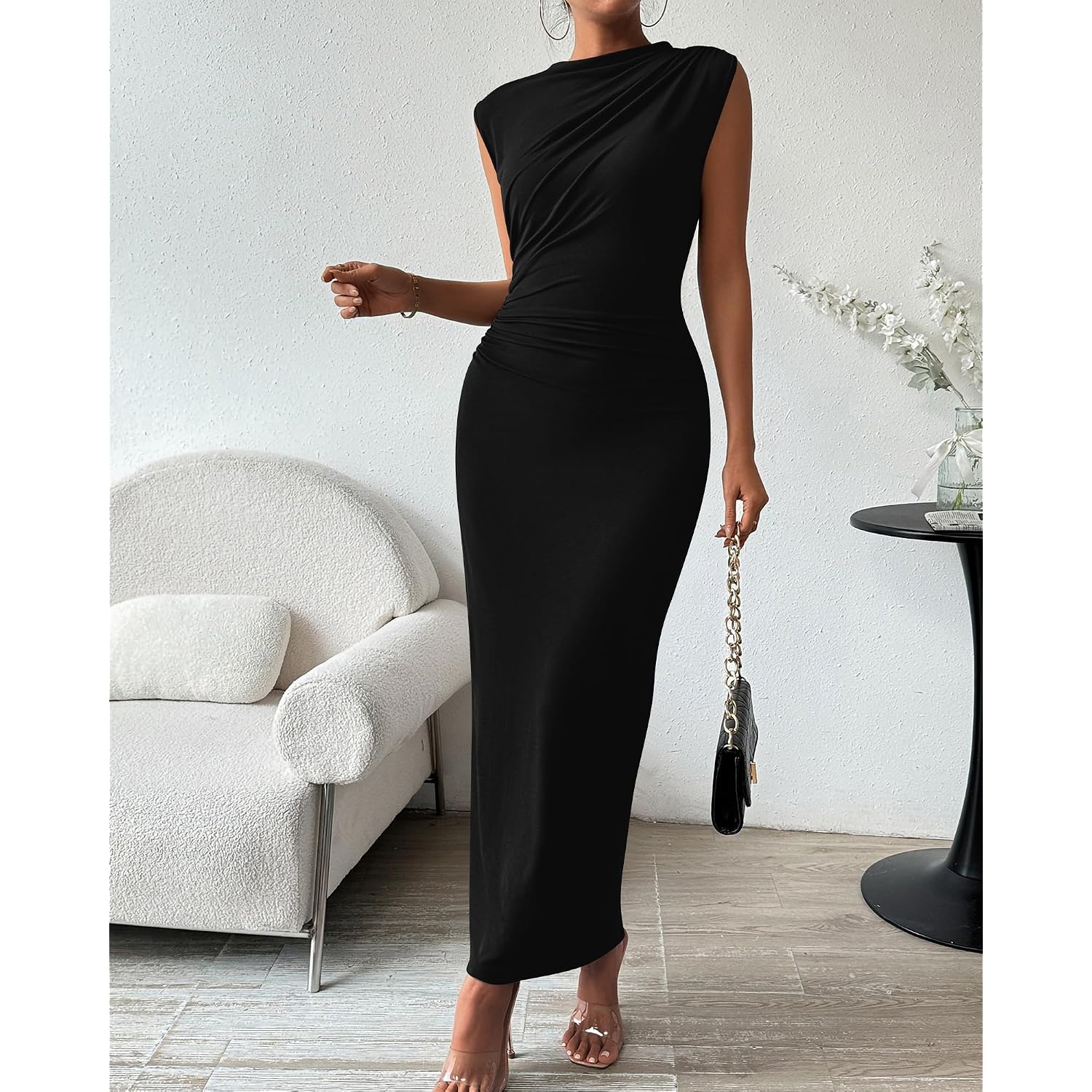 Btfbm Women Ruched Bodycon Maxi Dresses Summer Casual Sleeveless Lightweight Slit Elegant Cocktail Wedding Guest Dress
