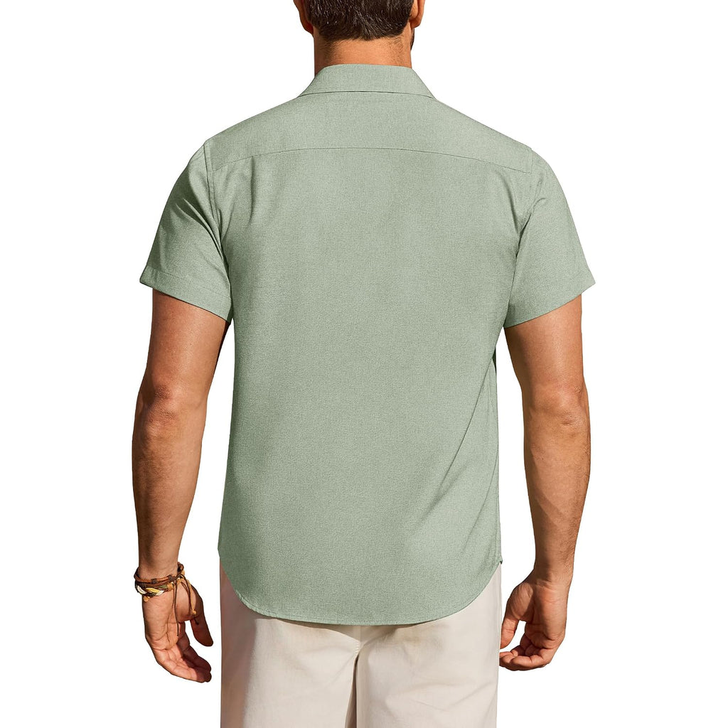 Mens Linen Shirt Short Sleeve Wrinkle Free Casual Untucked Button Down Shirts Beach Breathable Tops Summer